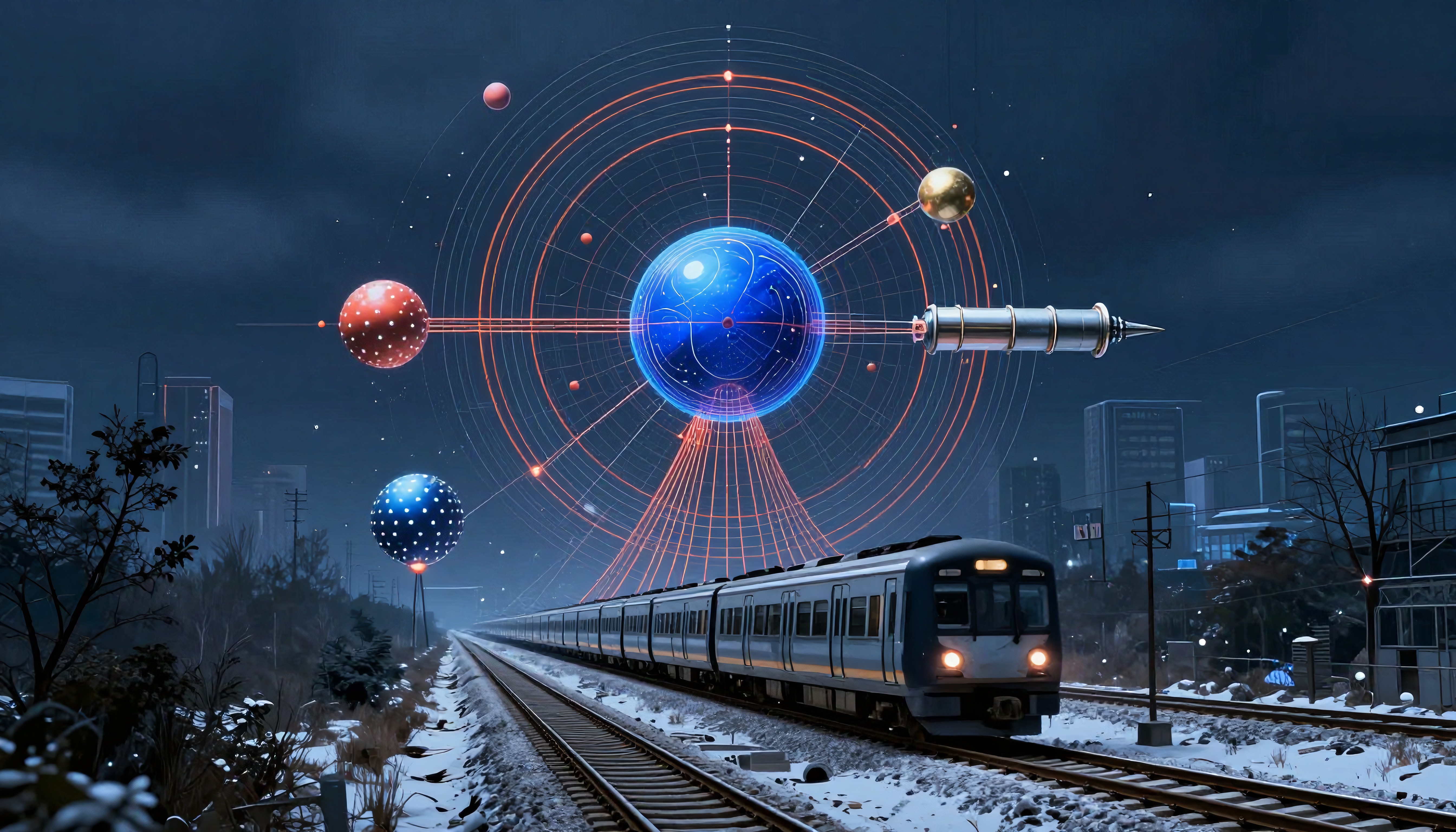 A passenger train in an urban nightscape with celestial bodies above.