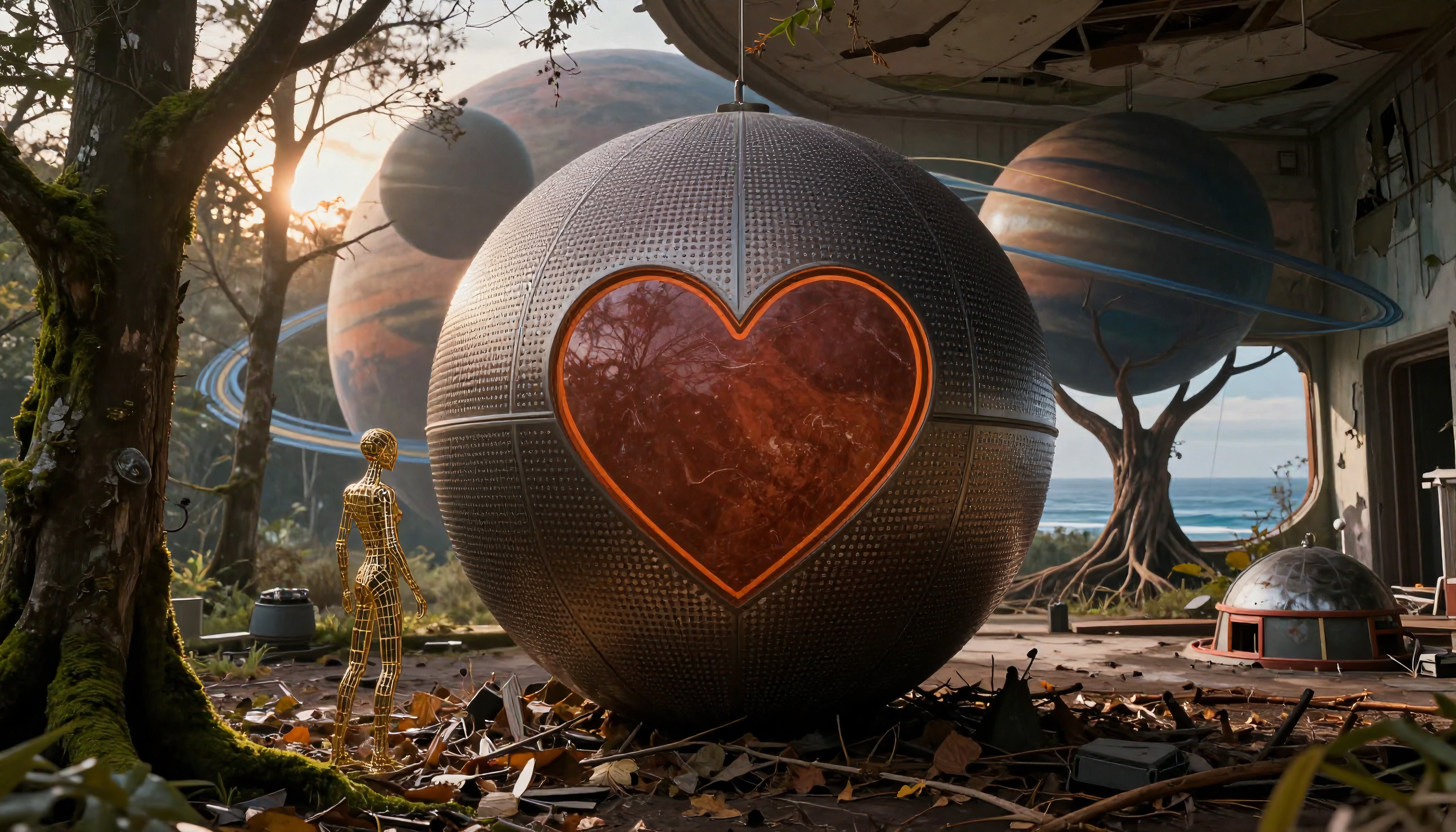 Surreal landscape with a heart-shaped metallic sphere and planets in the sky.