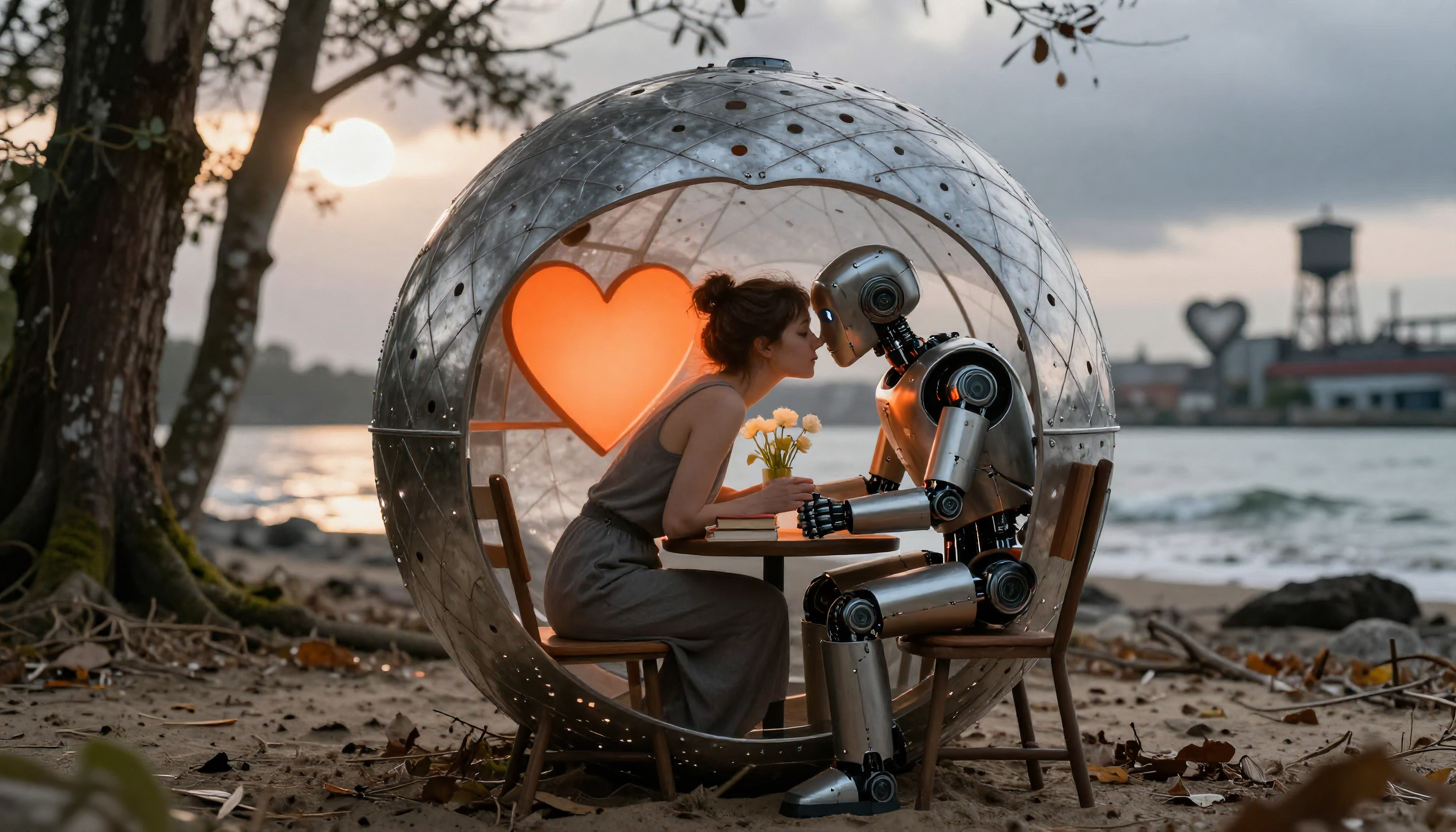 Woman sharing quiet moment with robot on beach at sunset surrounded by trees and sea