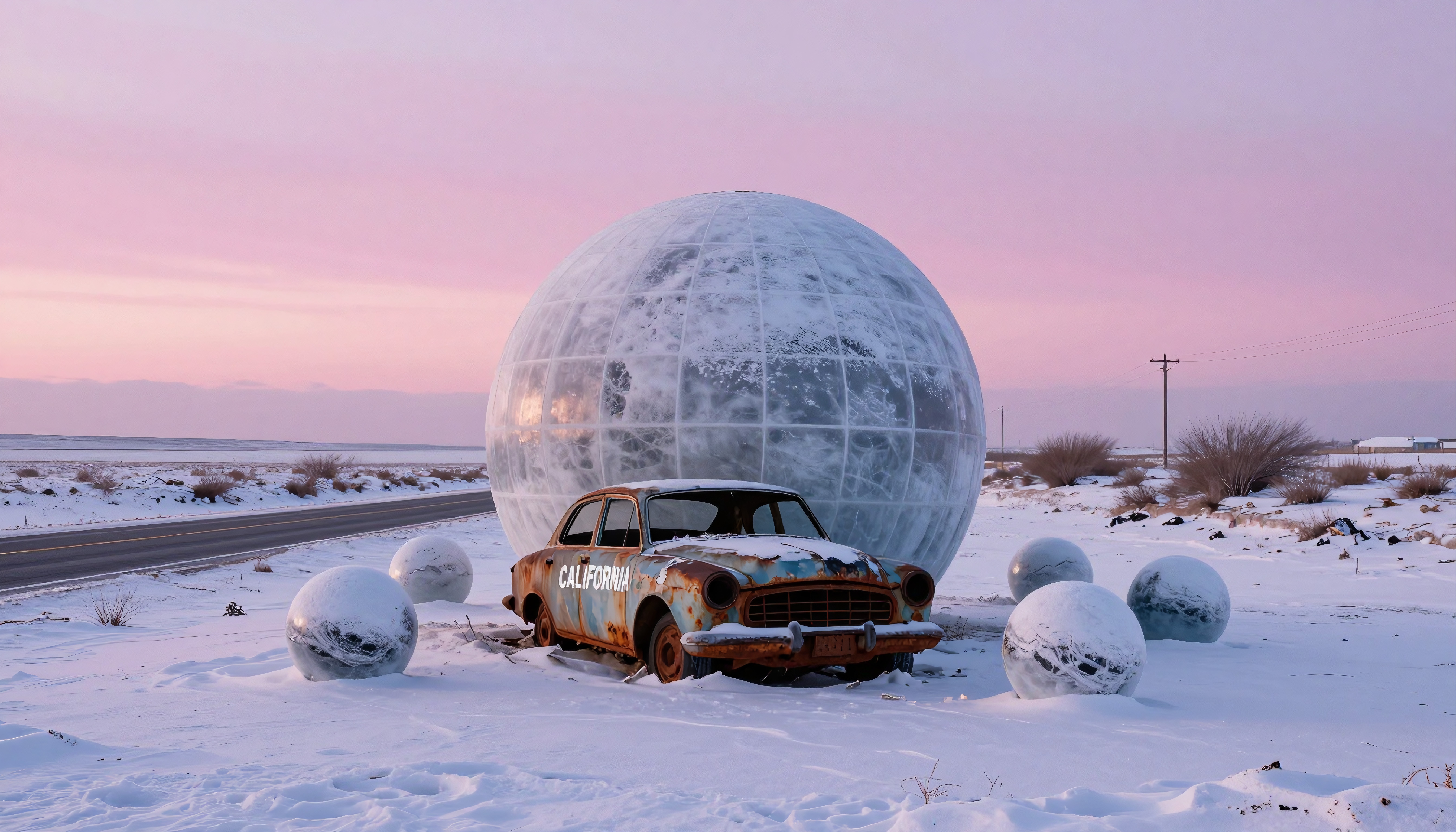 A rusted car and metallic spheres stand in snow under a pink sunset.