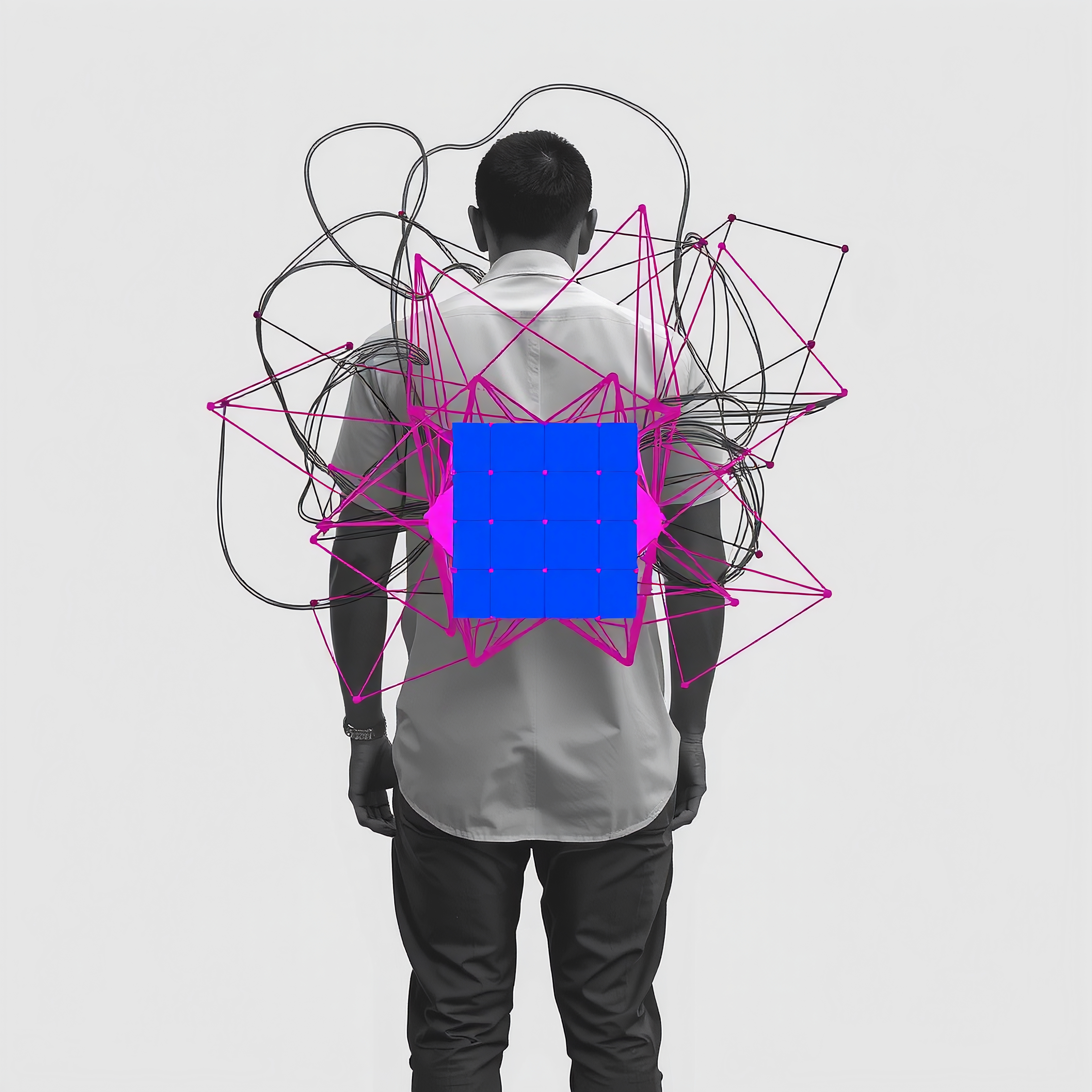A person with colorful geometric structure overlay.