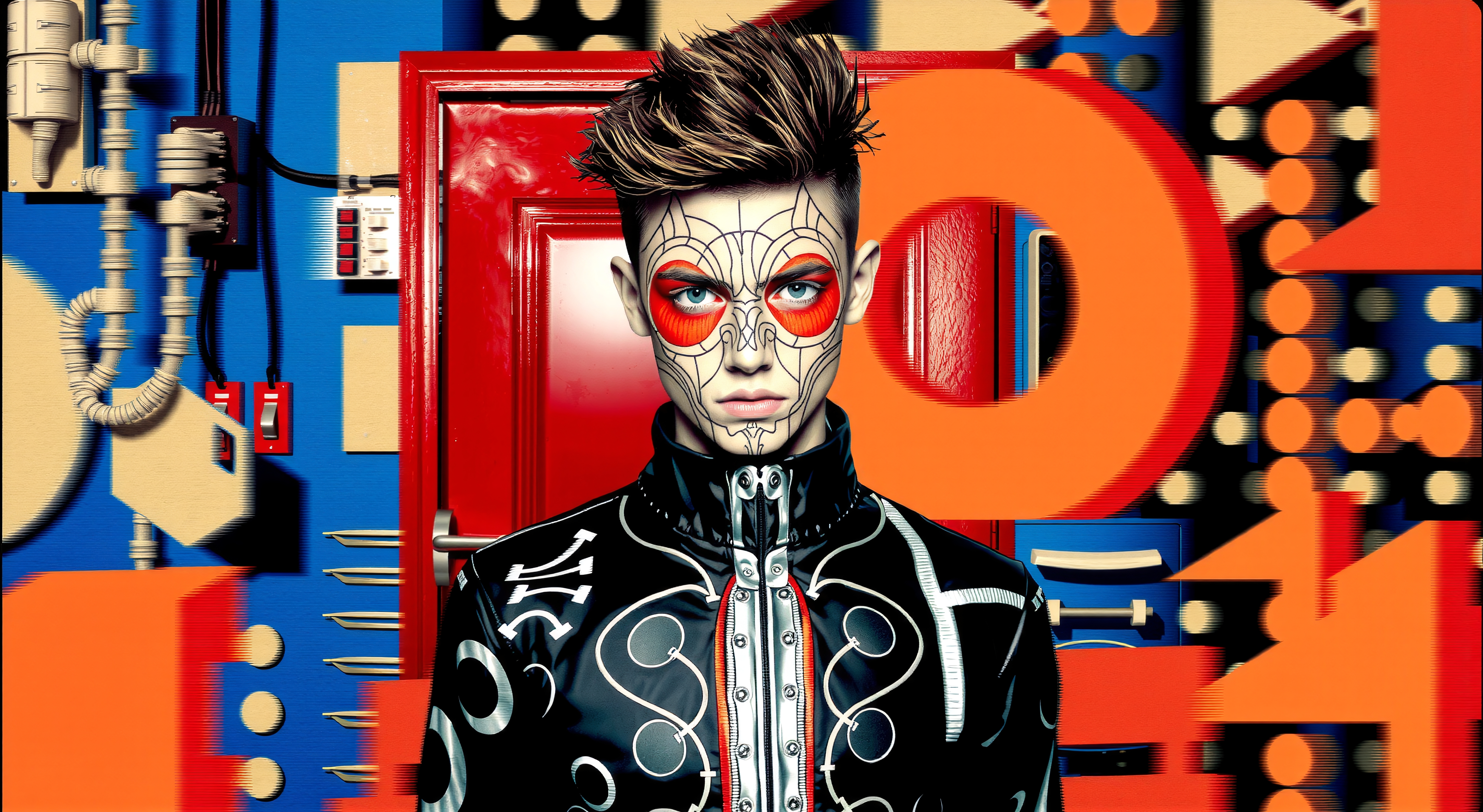 A person with painted geometric face, wearing a unique jacket, stands before a colorful background with red, orange, and blue elements.