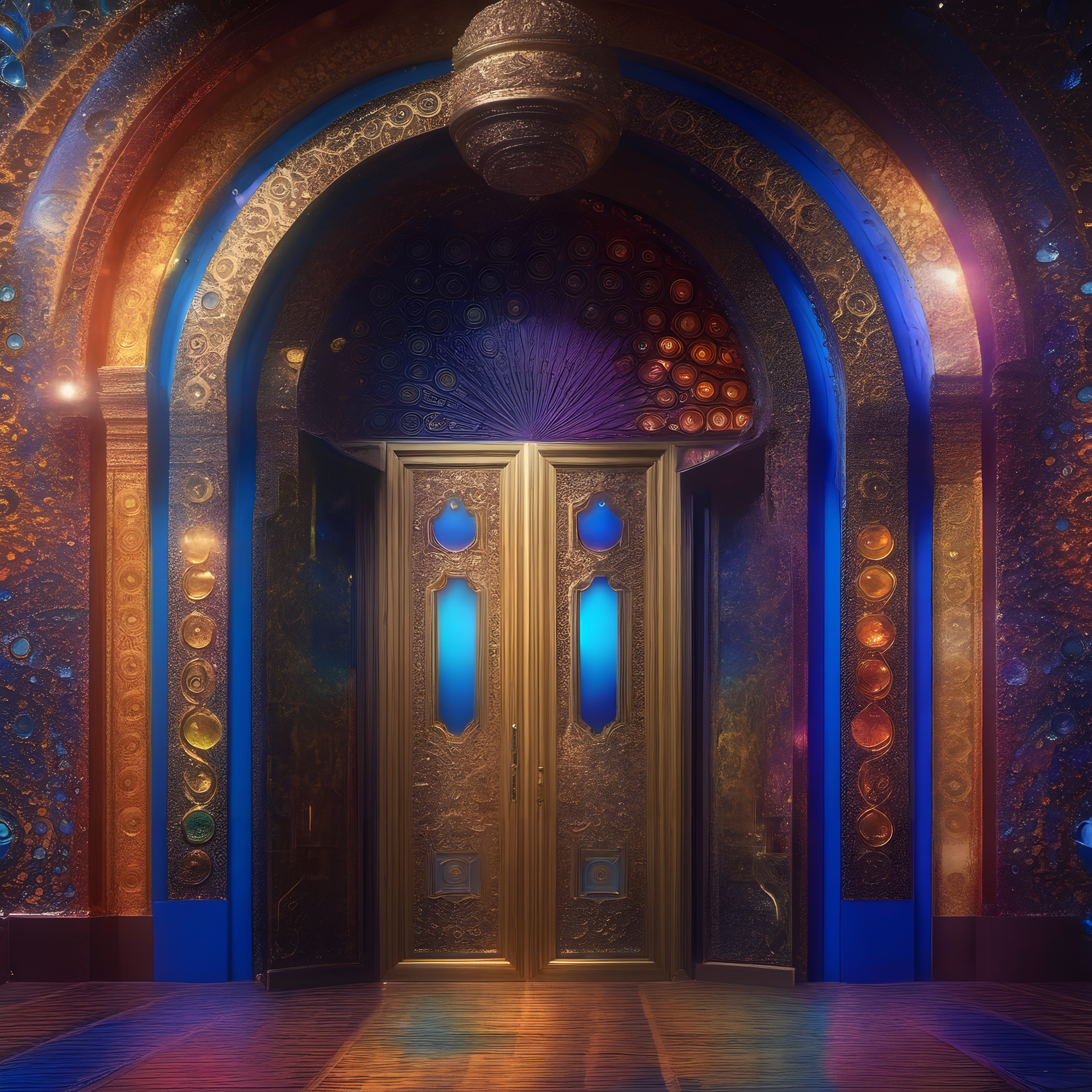 Ornately decorated doorway with vibrant blue and gold carvings in an arched frame.
