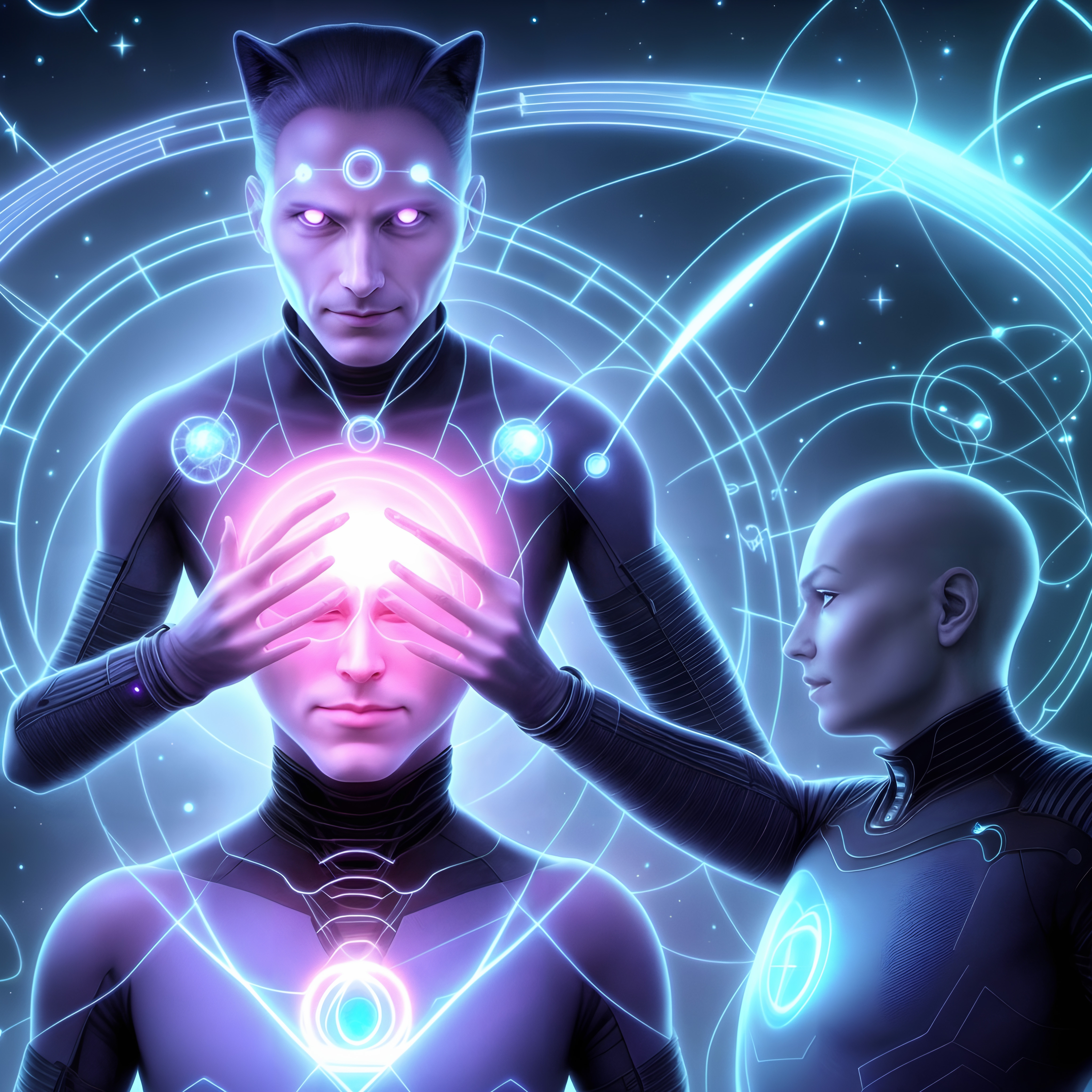 Futuristic scene of psychic energy transfer between three ethereal figures in a cosmic setting.