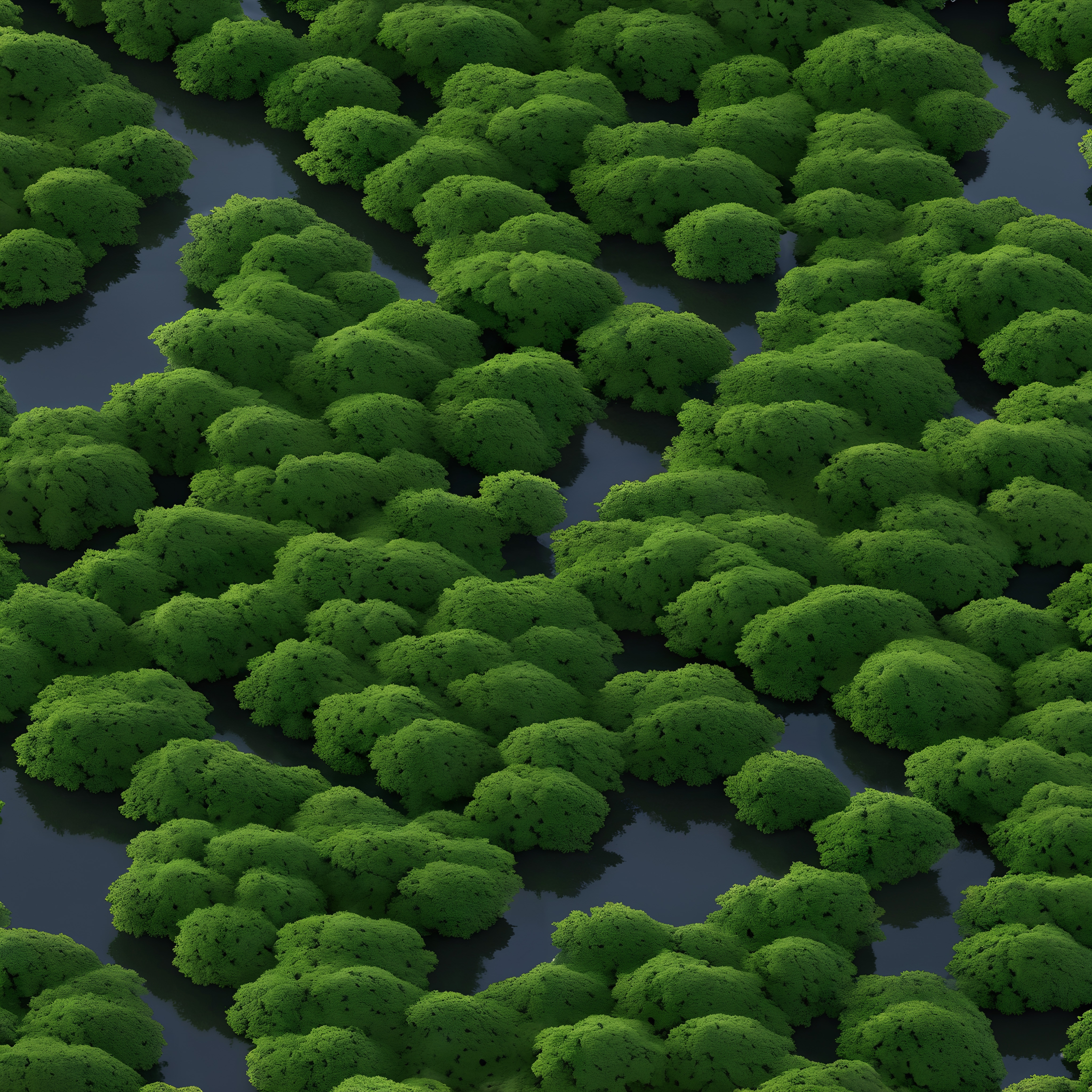 Lush green forest with narrow winding waterways reflecting sunlight.
