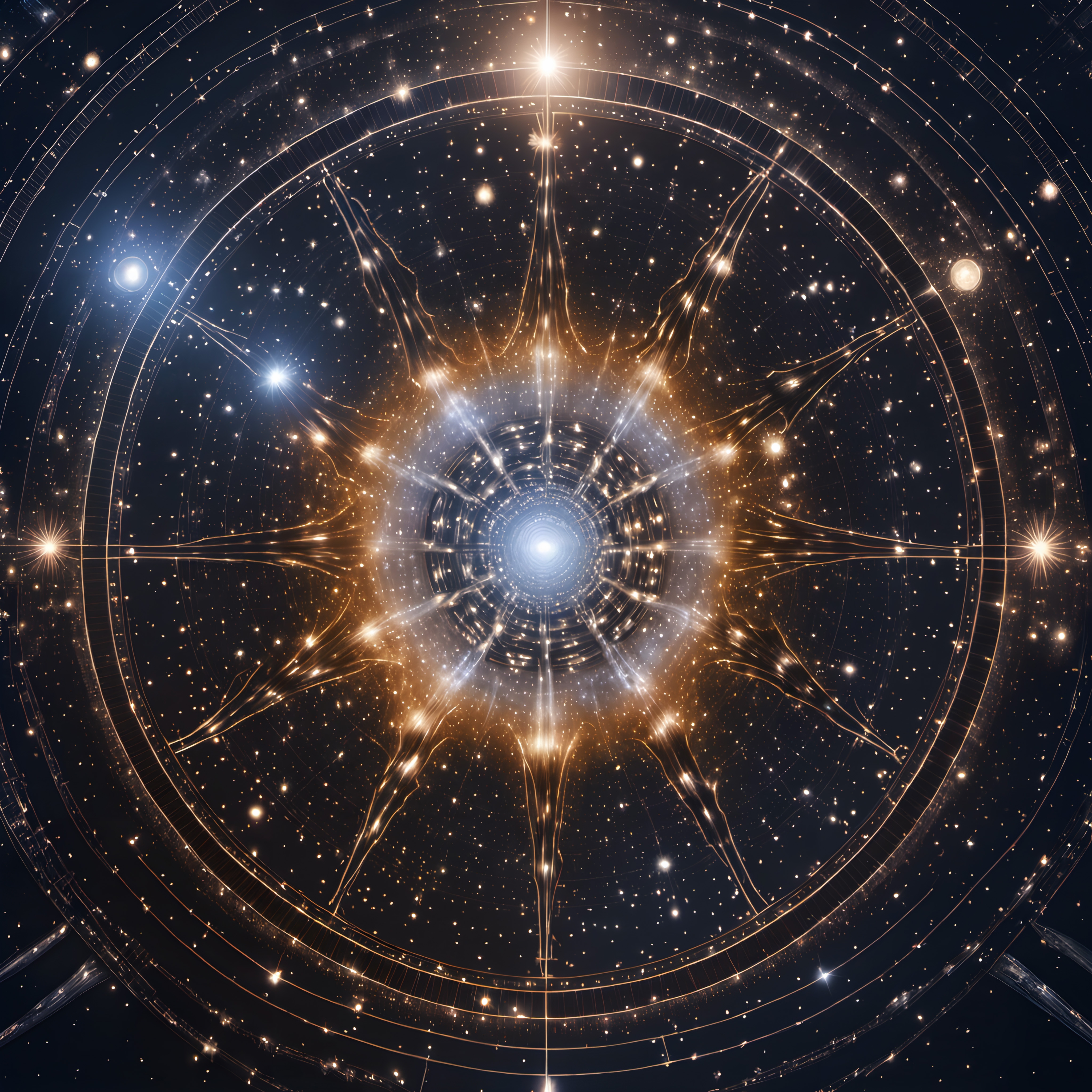 A celestial mandala with radiant light surrounded by stars creates an intricate cosmic pattern in space.