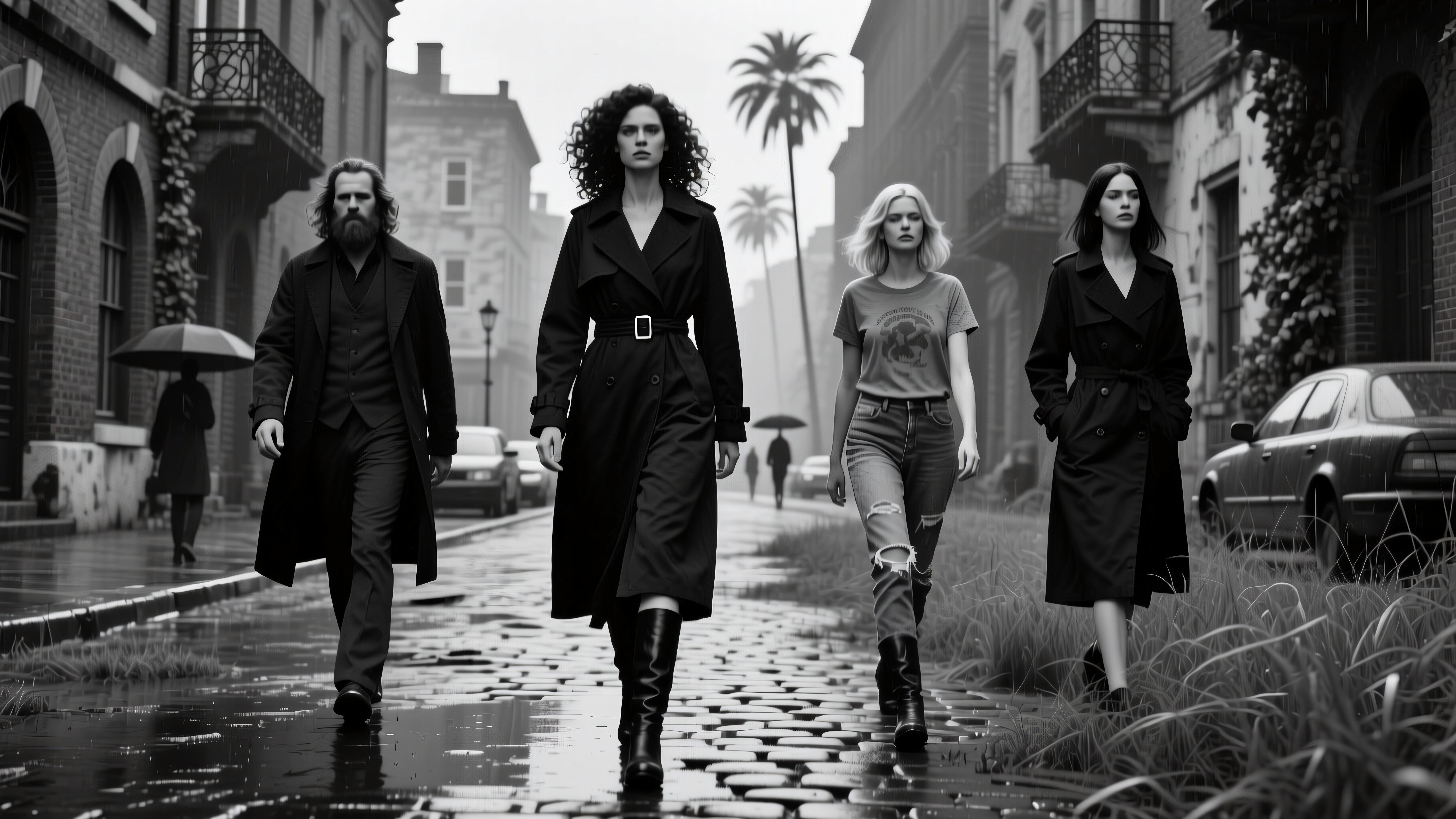 A stylish group walks on a rainy cobblestone street in black and white cityscape.