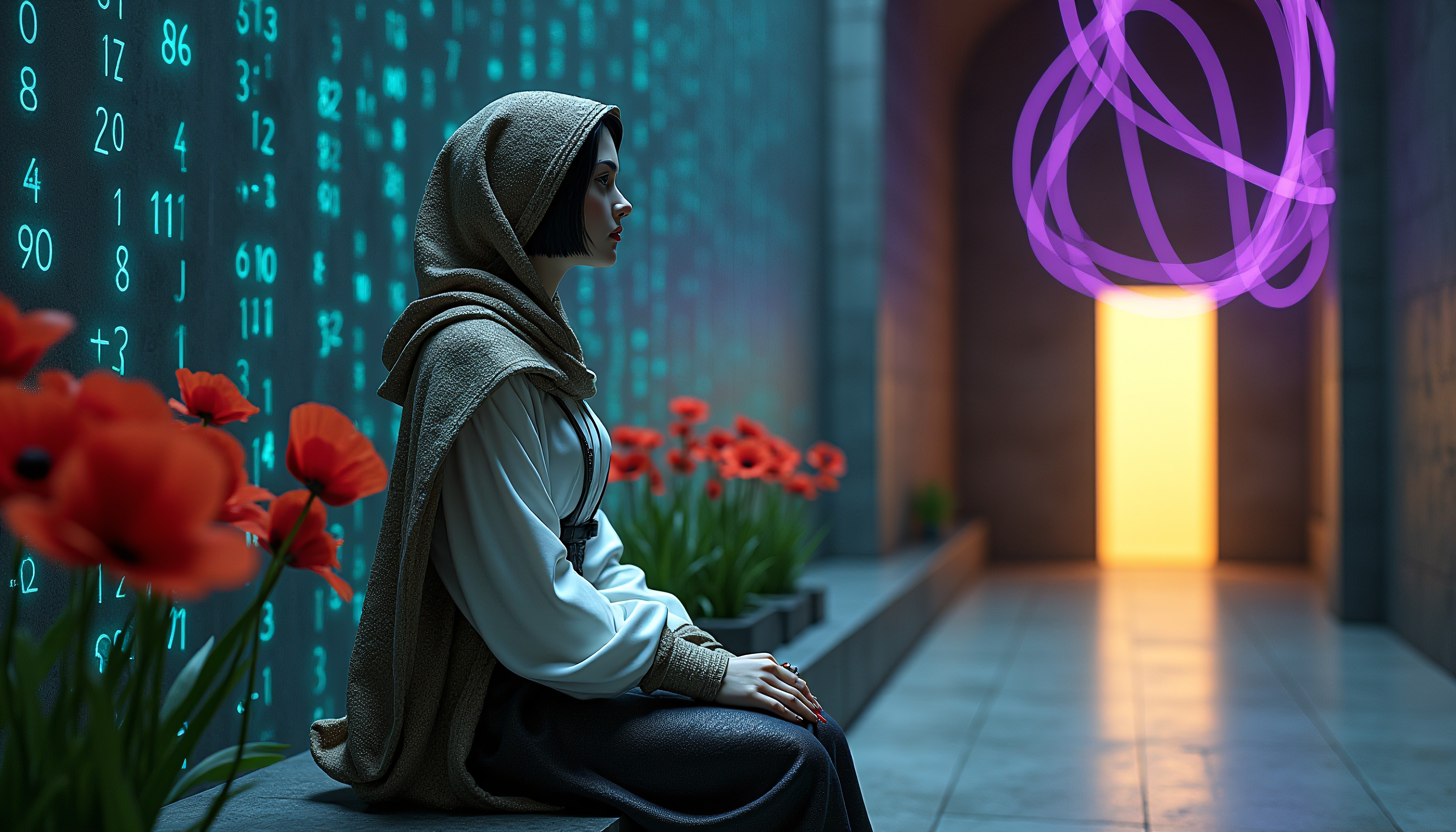 A woman in a futuristic hallway with glowing numbers, red poppies, and purple lights creating a serene and mystical atmosphere.