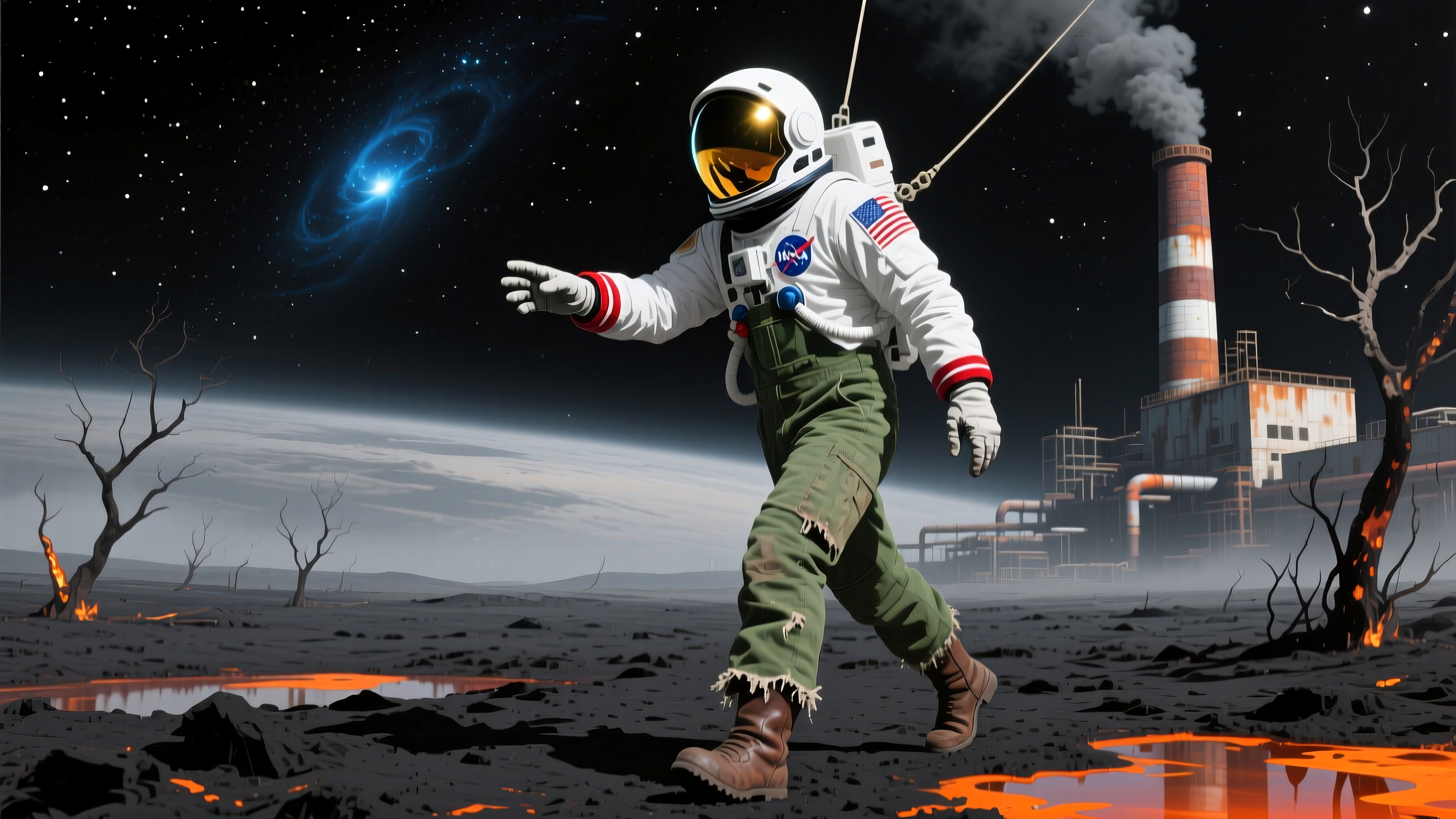 Astronaut exploring alien industrial wasteland with glowing lava