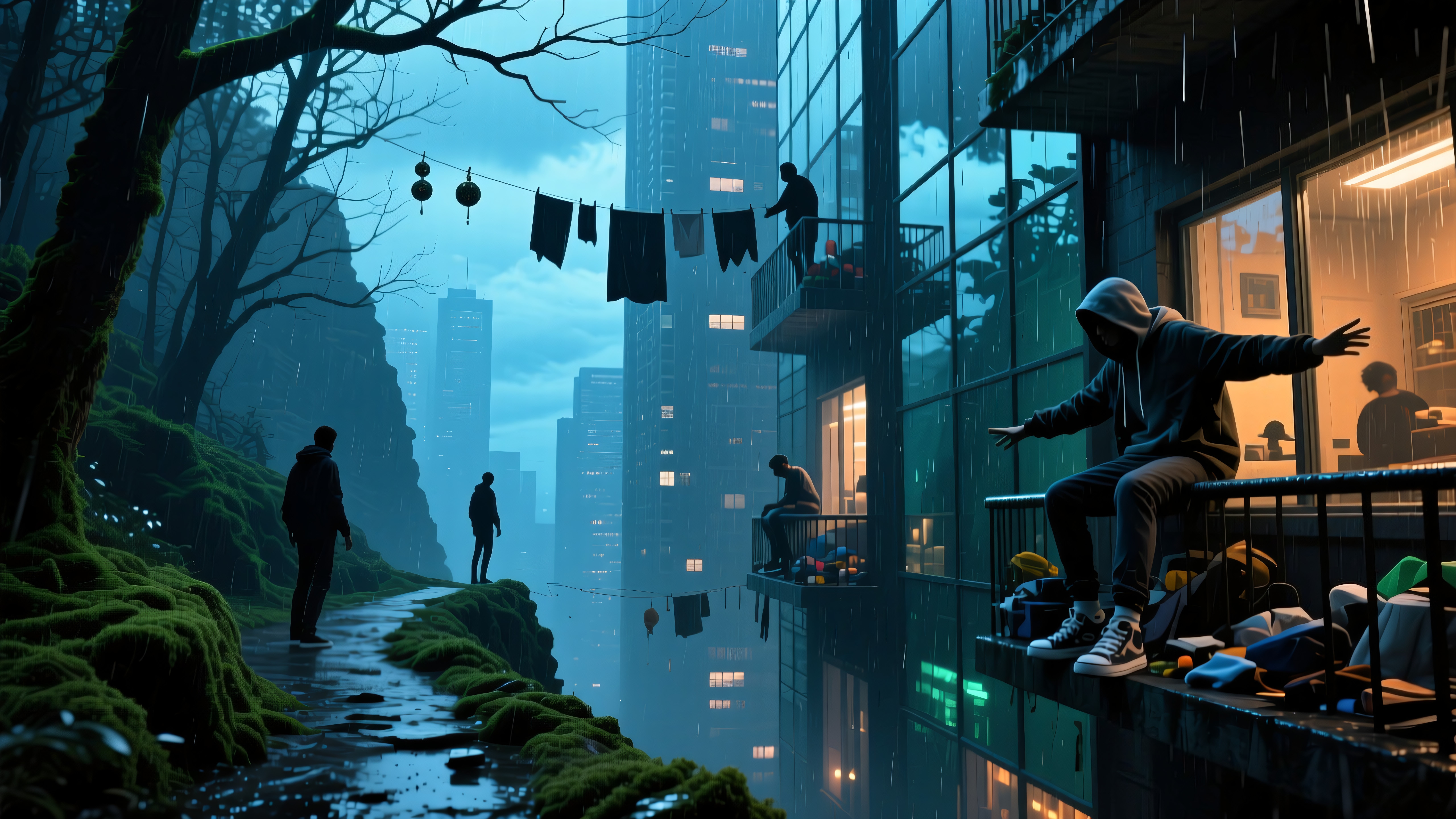 A rainy urban night where nature blends seamlessly with city life, showcasing people on balconies against a backdrop of wet trees and tall buildings.