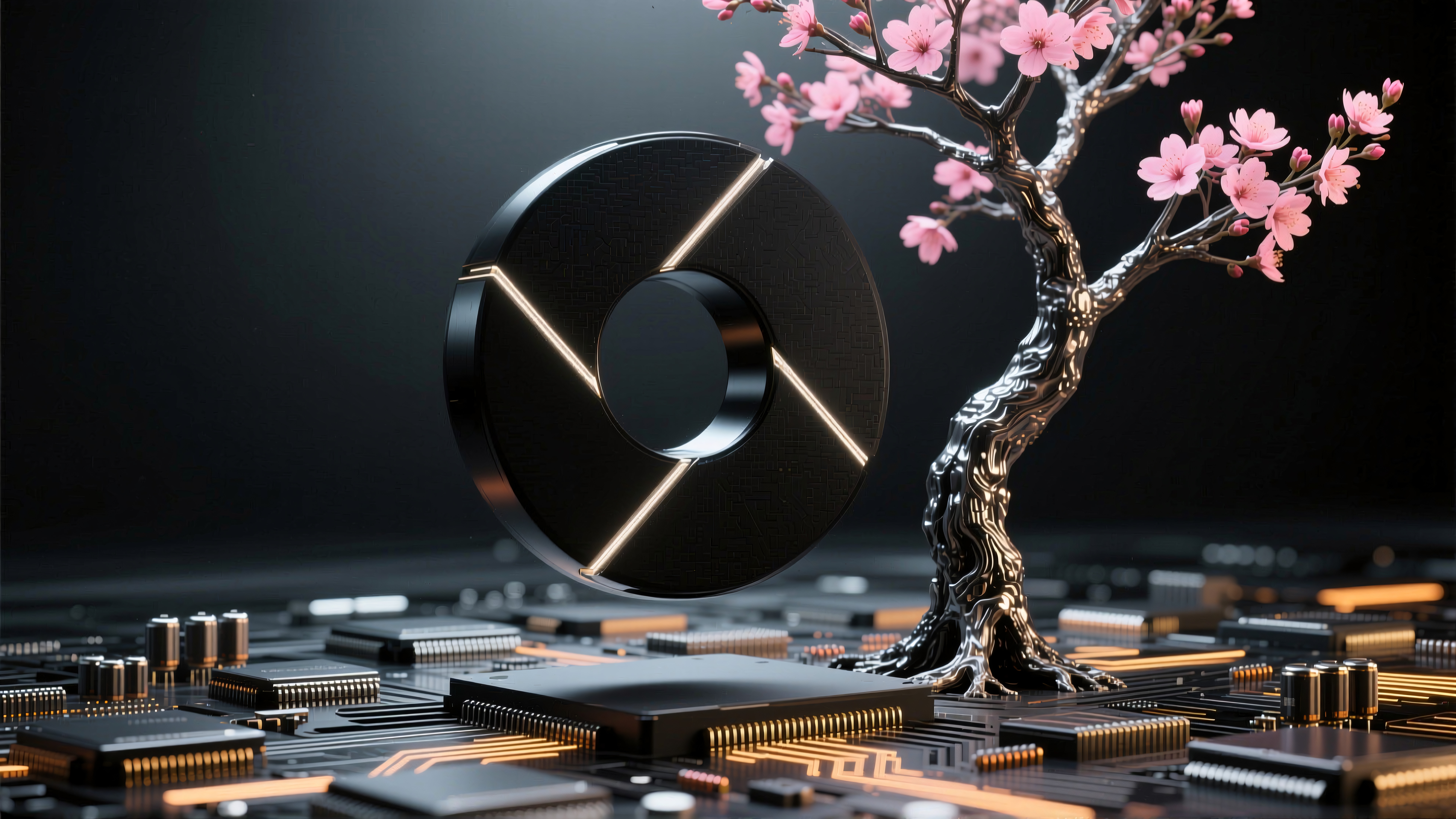 A metallic tree with pink blossoms grows atop a circuit board, representing the blend of technology and nature.