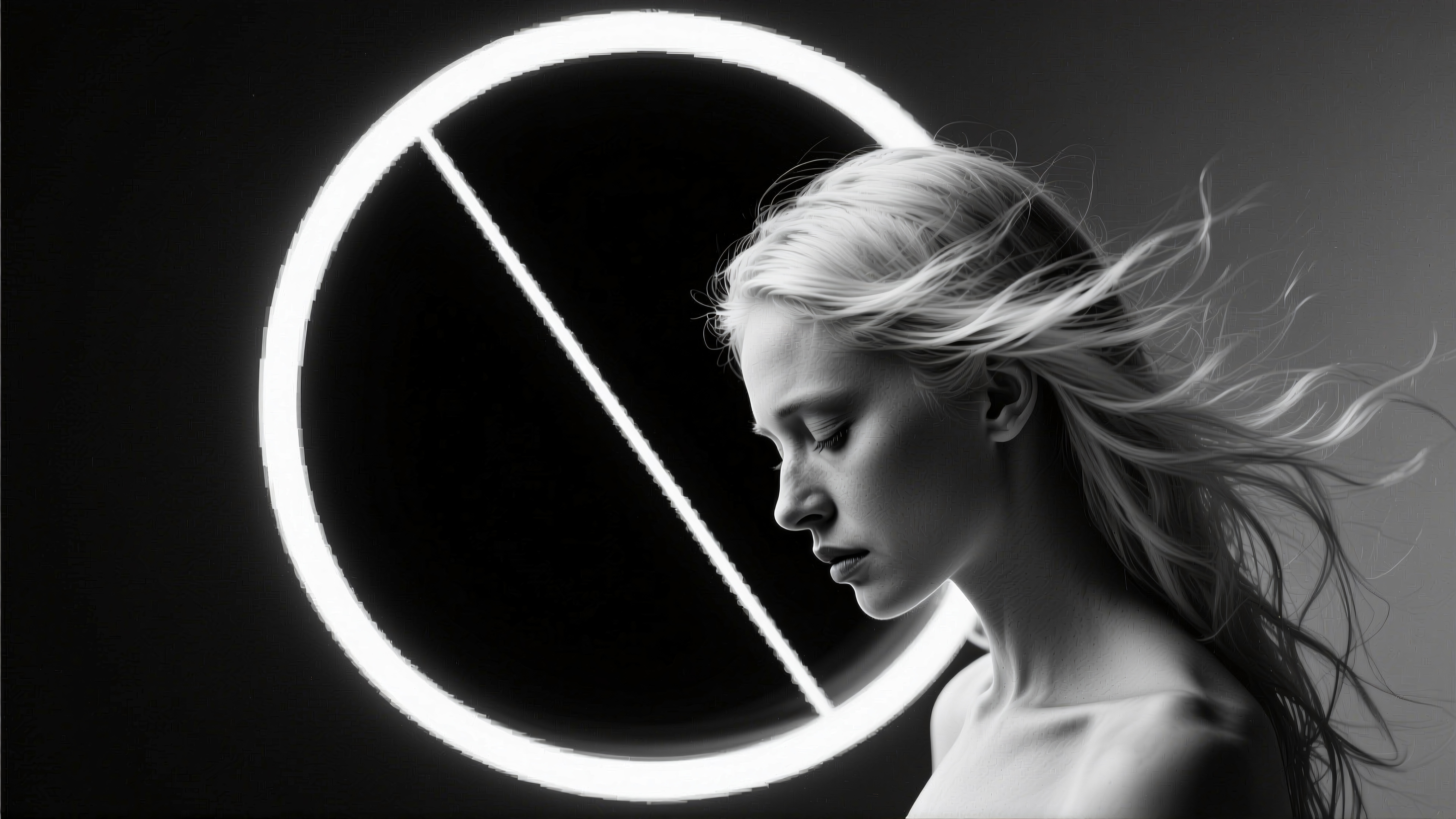 A serene woman in profile with geometric background in black and white.
