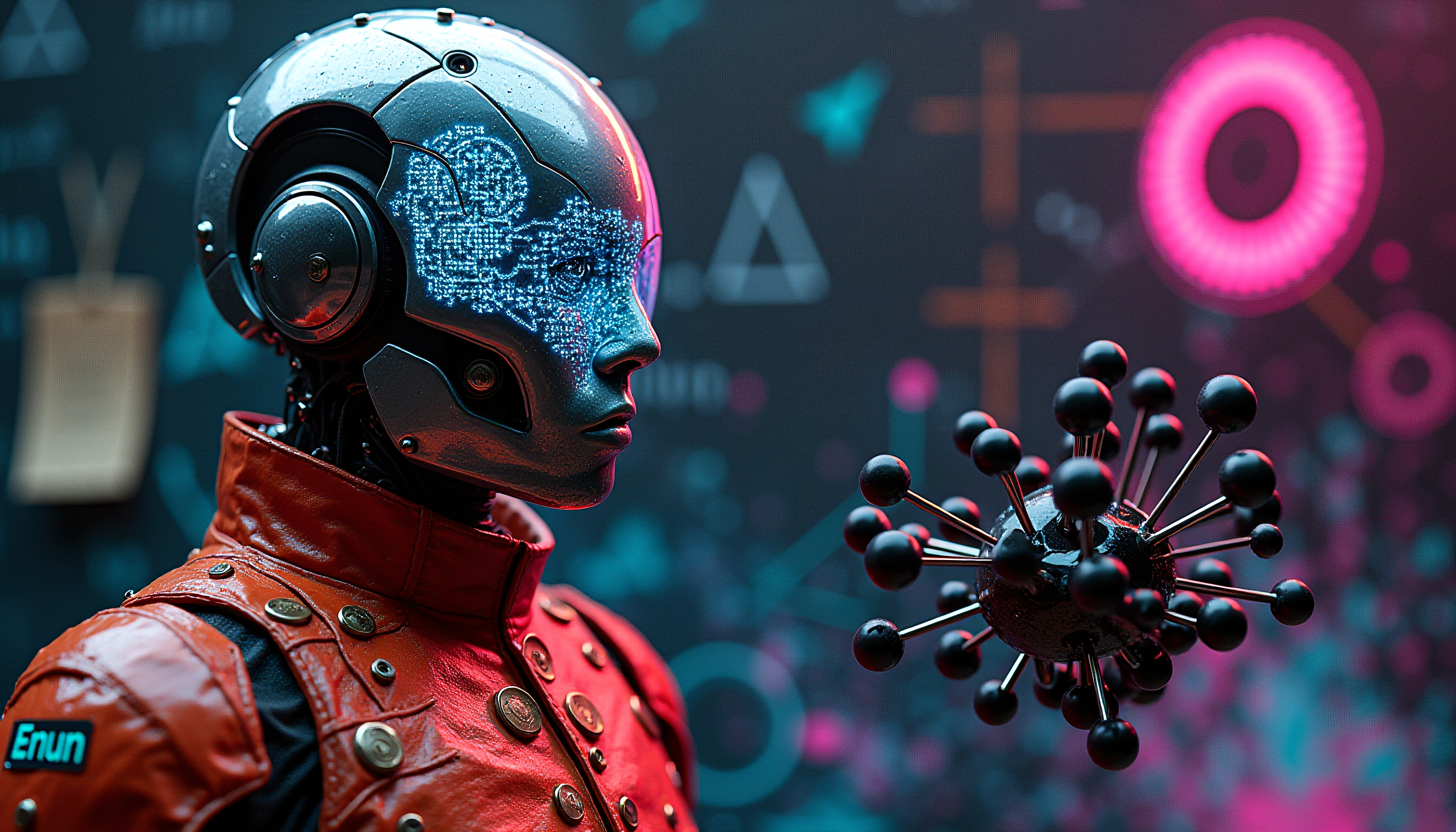 Cyberpunk Android Portrait with Virus Particle and Digital Inter