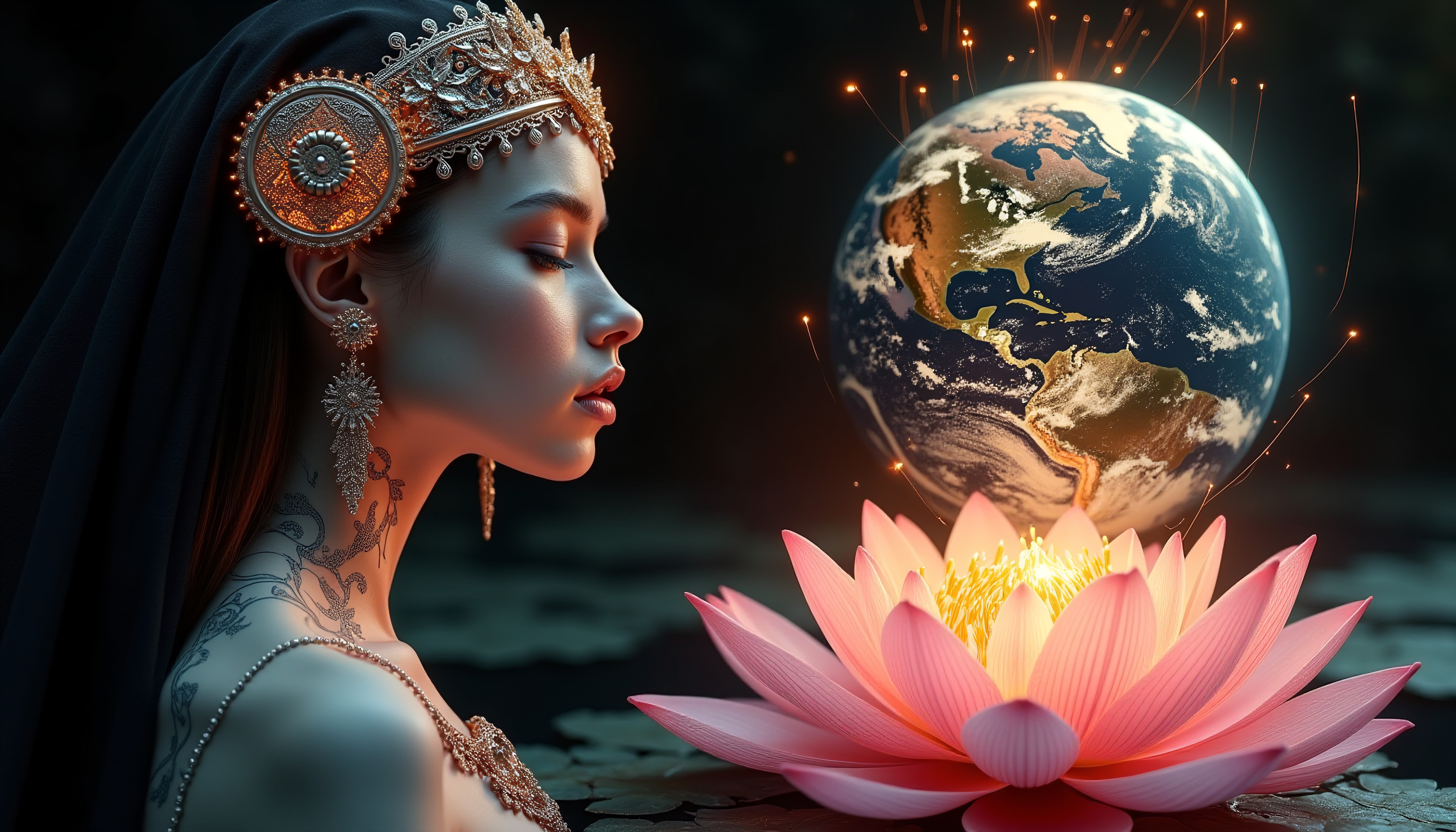 Serene goddess meditating near glowing lotus over Earth in mystical digital artwork