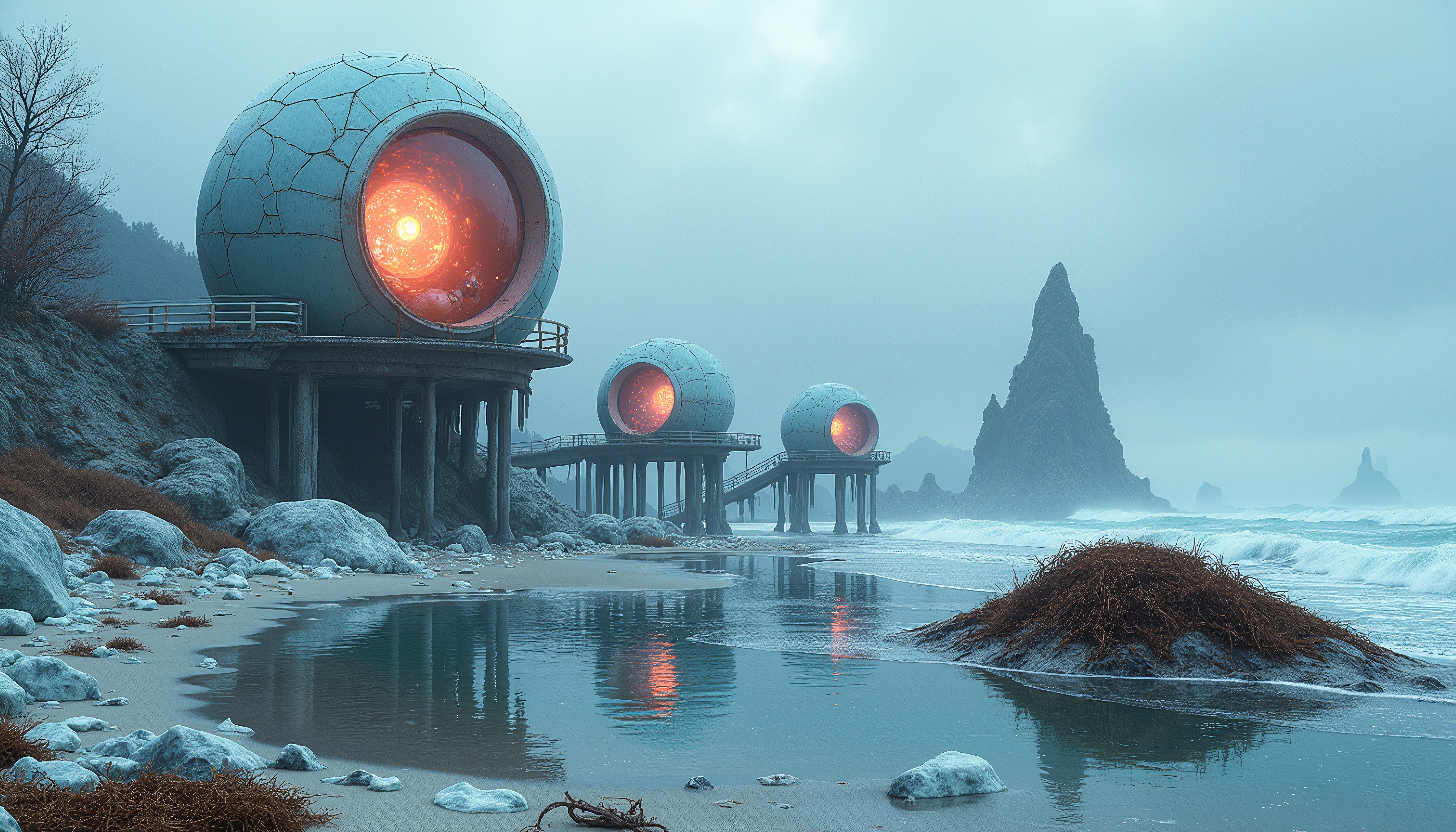 Futuristic orb structures on beach with misty ocean backdrop.