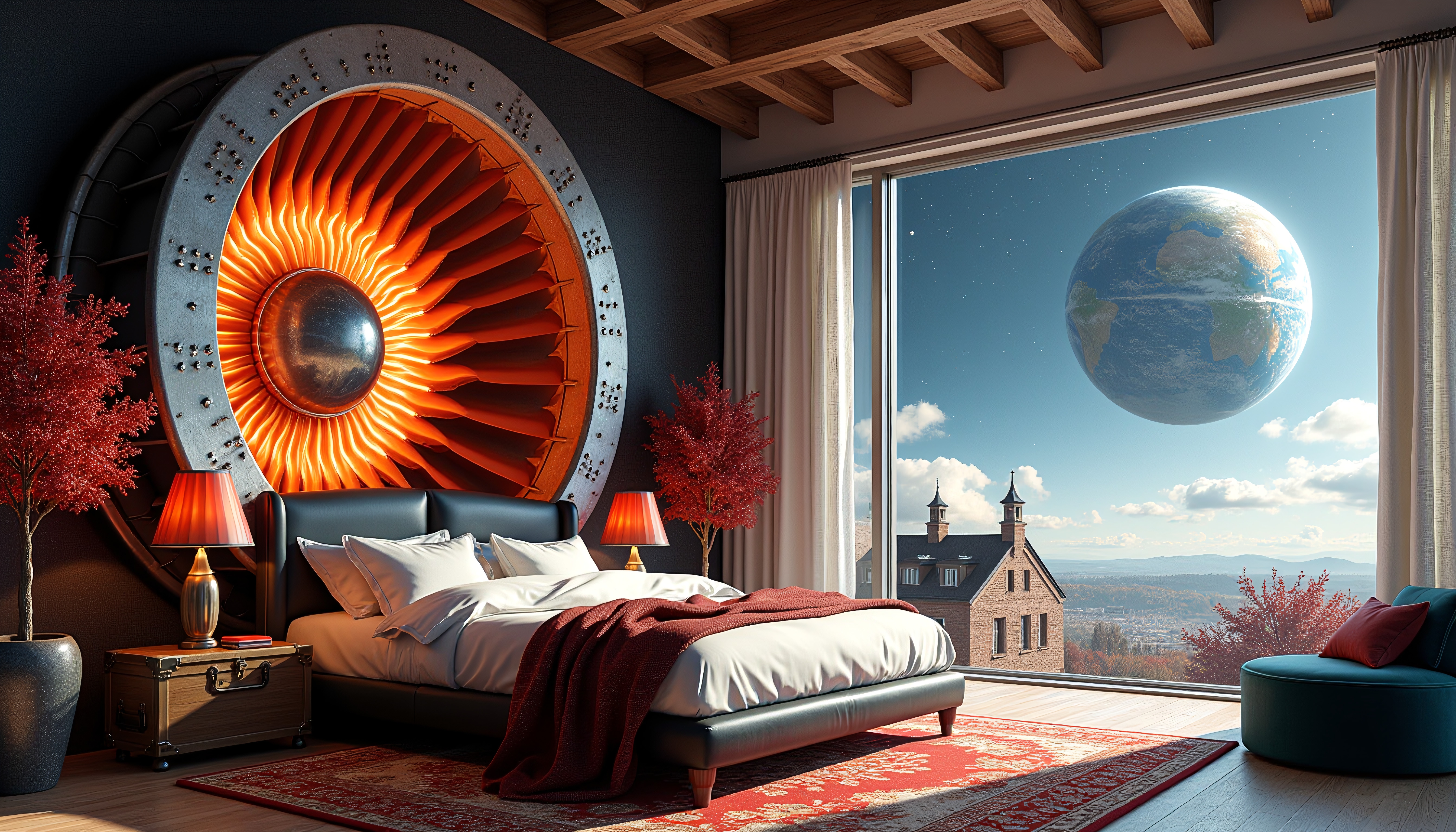 Modern bedroom with futuristic design featuring a glowing turbine sculpture and a view of an enormous planet through a floor-to-ceiling window.