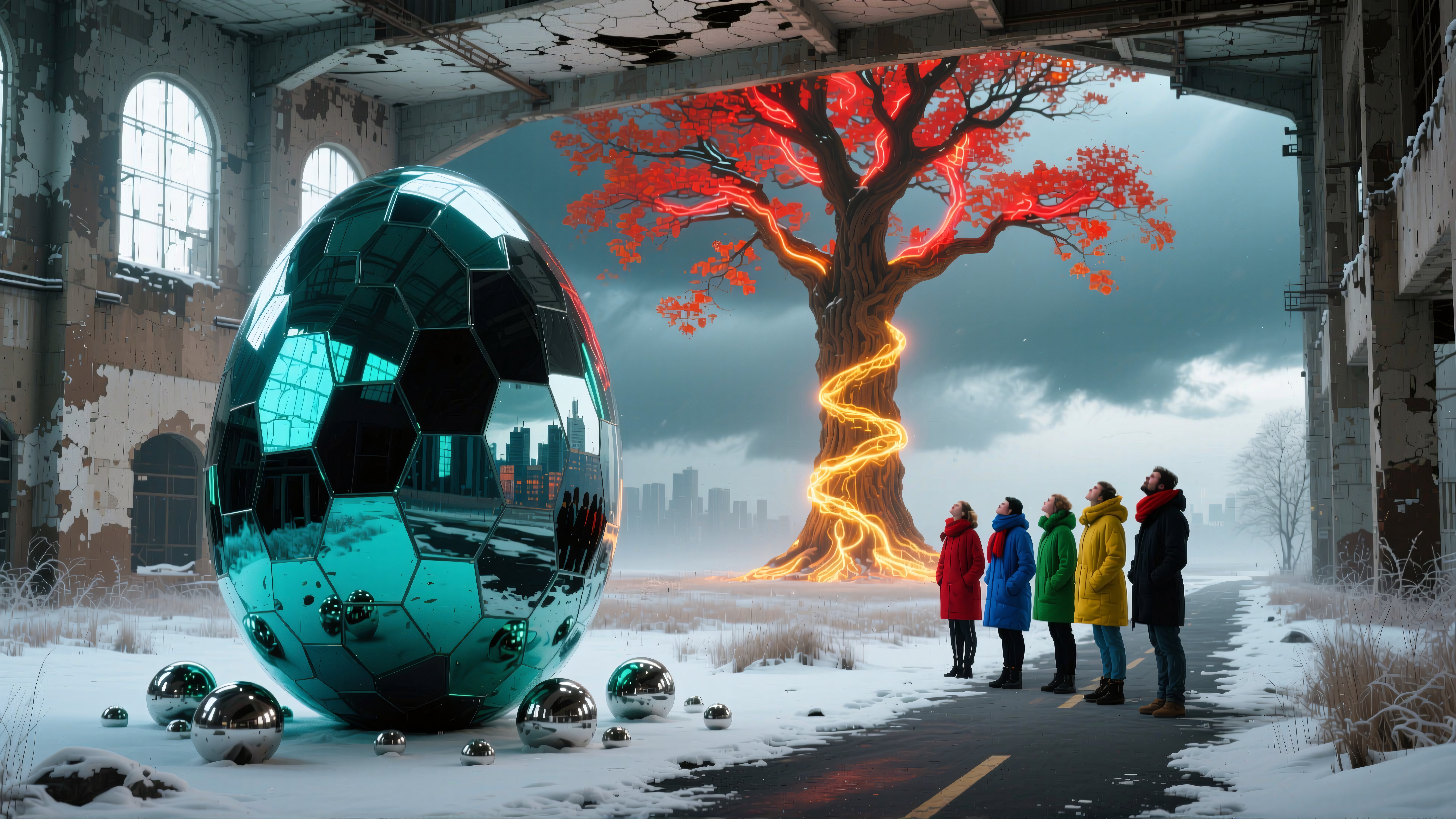 Surreal futuristic scene with a reflective egg-like structure and vibrant tree in an abandoned wintery urban setting.