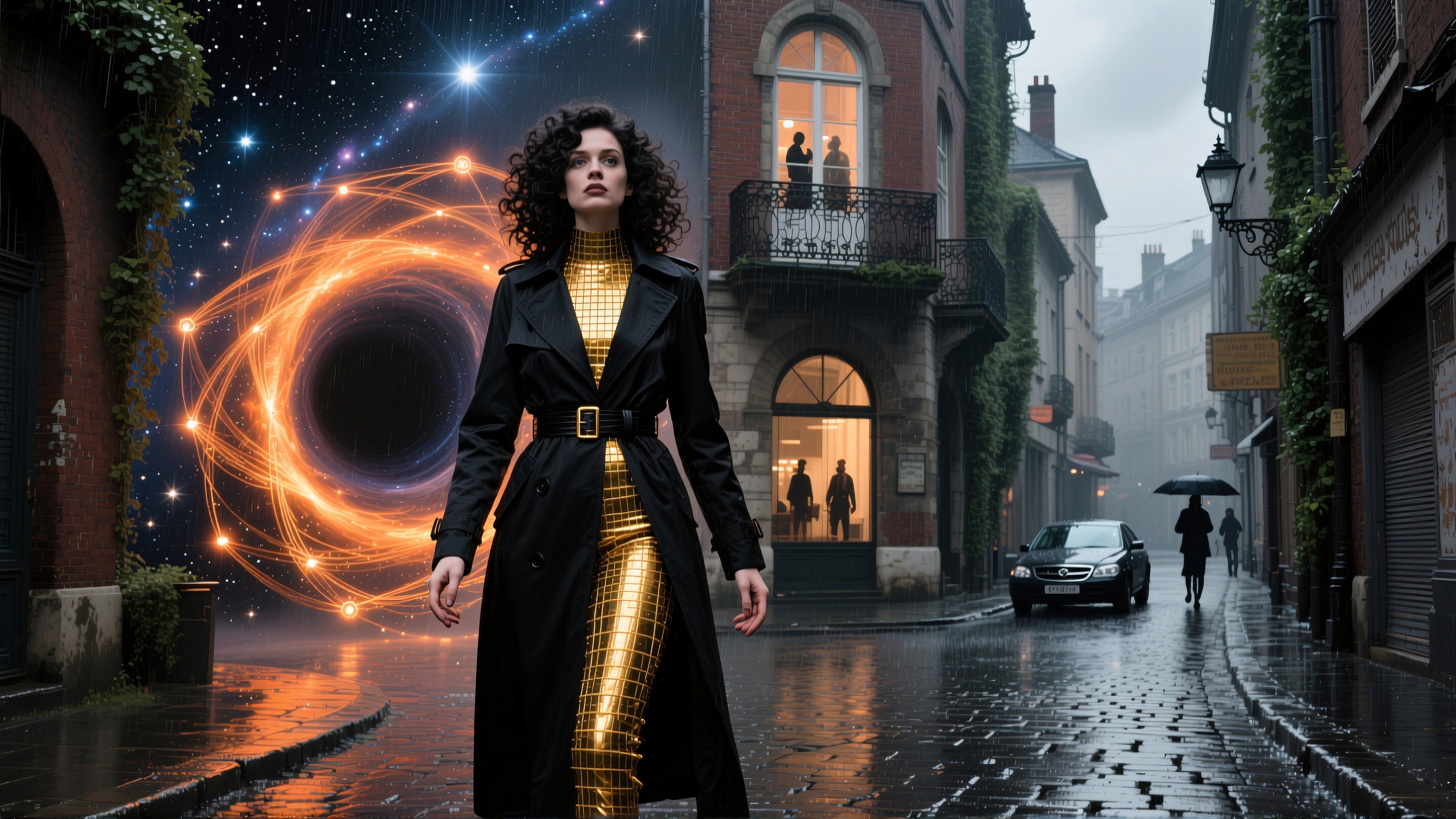 A woman in a futuristic outfit walks down a rainy cobblestone street with a cosmic vortex in the background.