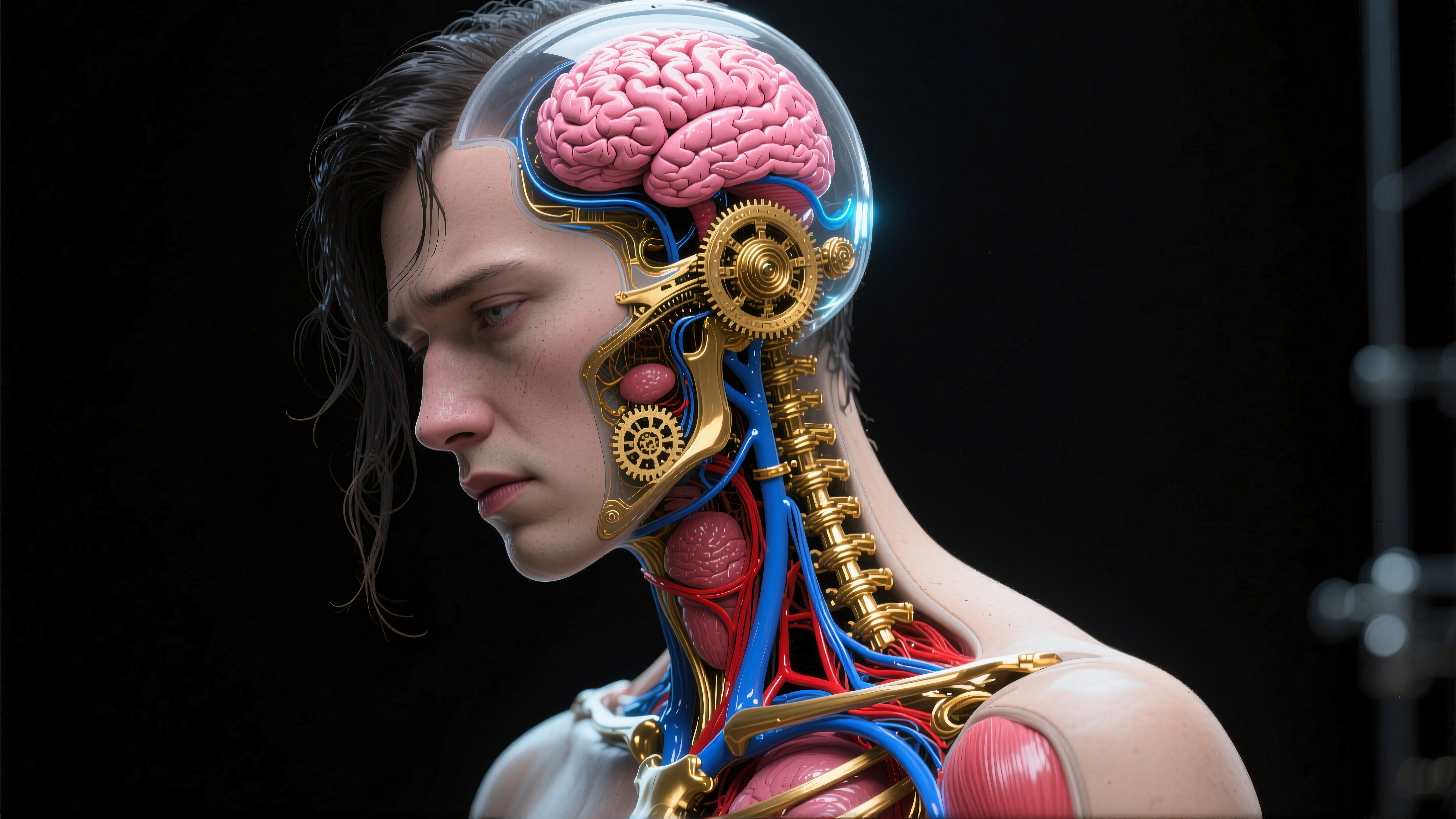 Digital render of a human figure revealing a cybernetic fusion of anatomy and mechanics.