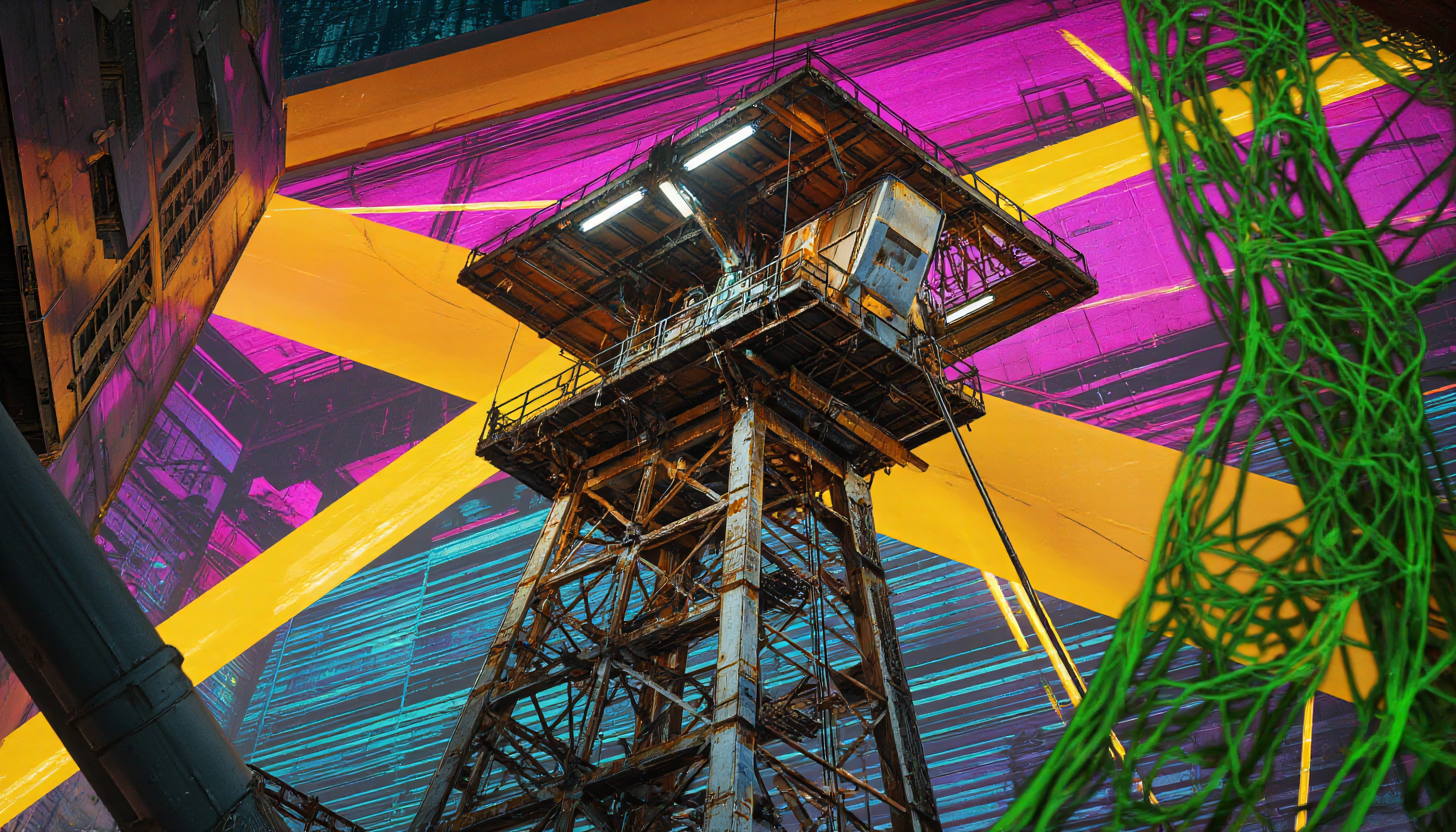 Rusty industrial tower with neon background.