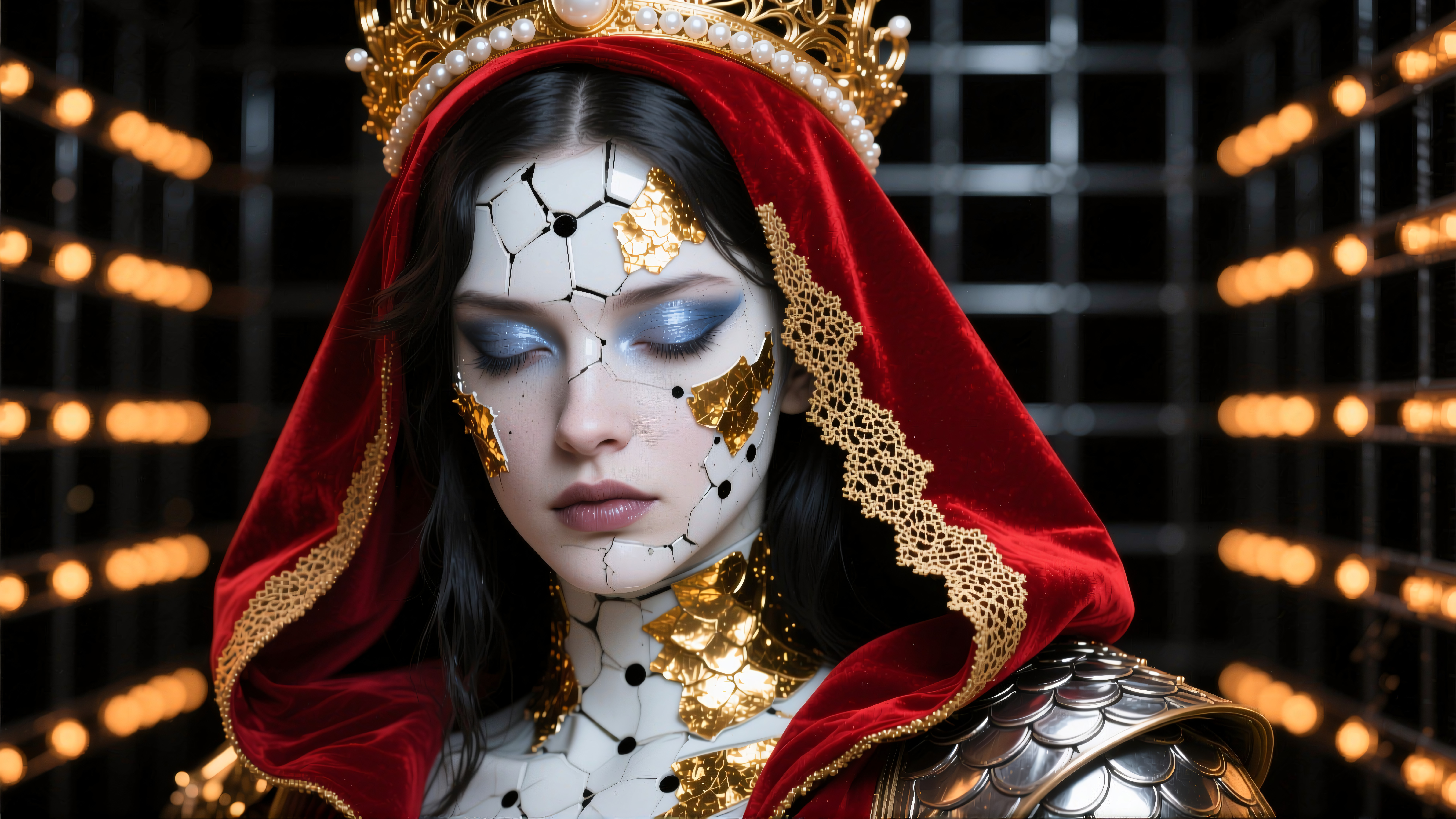 Regal Figure with Cracked Facet and Crown in Dramatic Setting