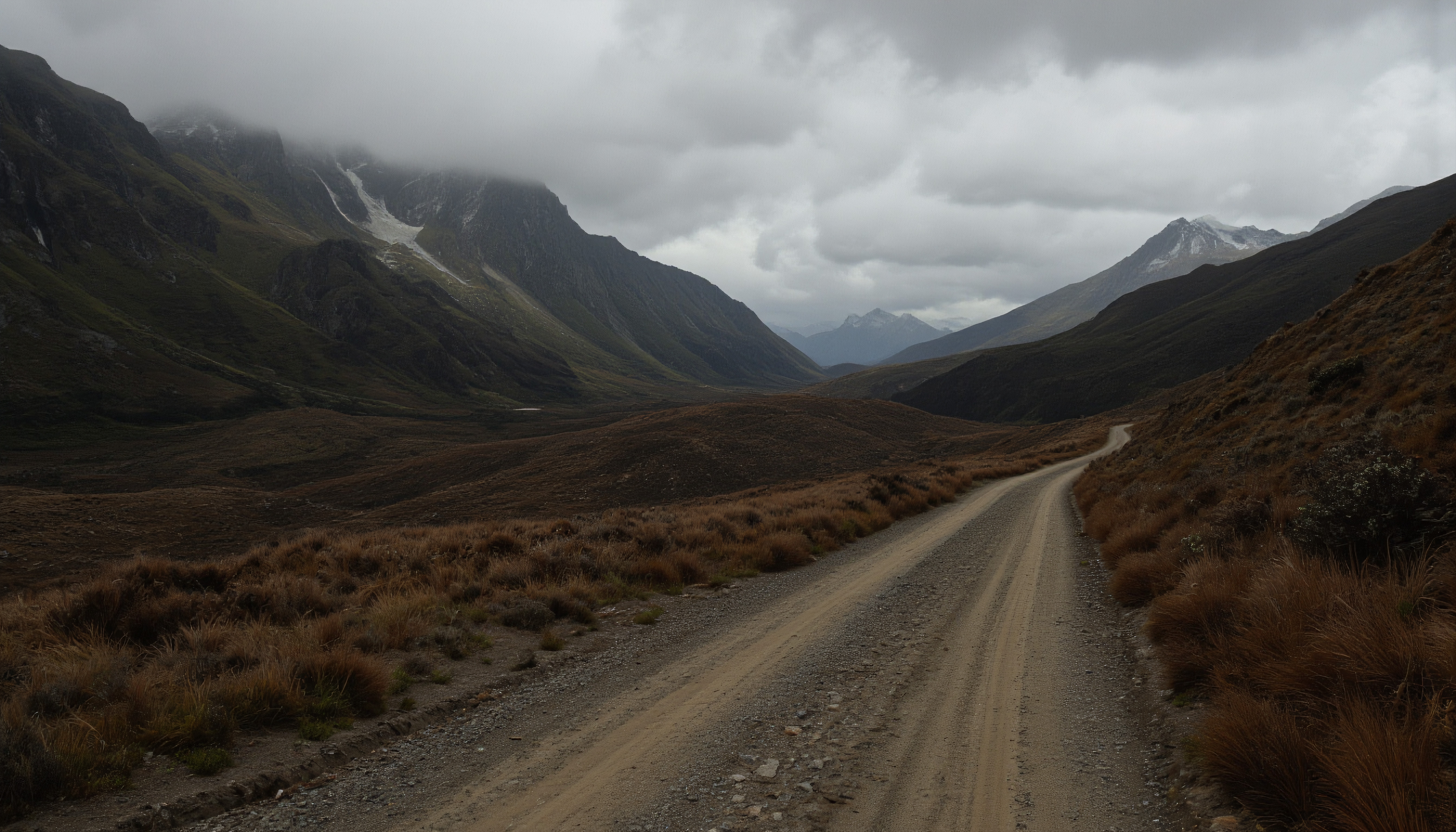 A winding dirt road through rugged mountainous terrain under an overcast sky.