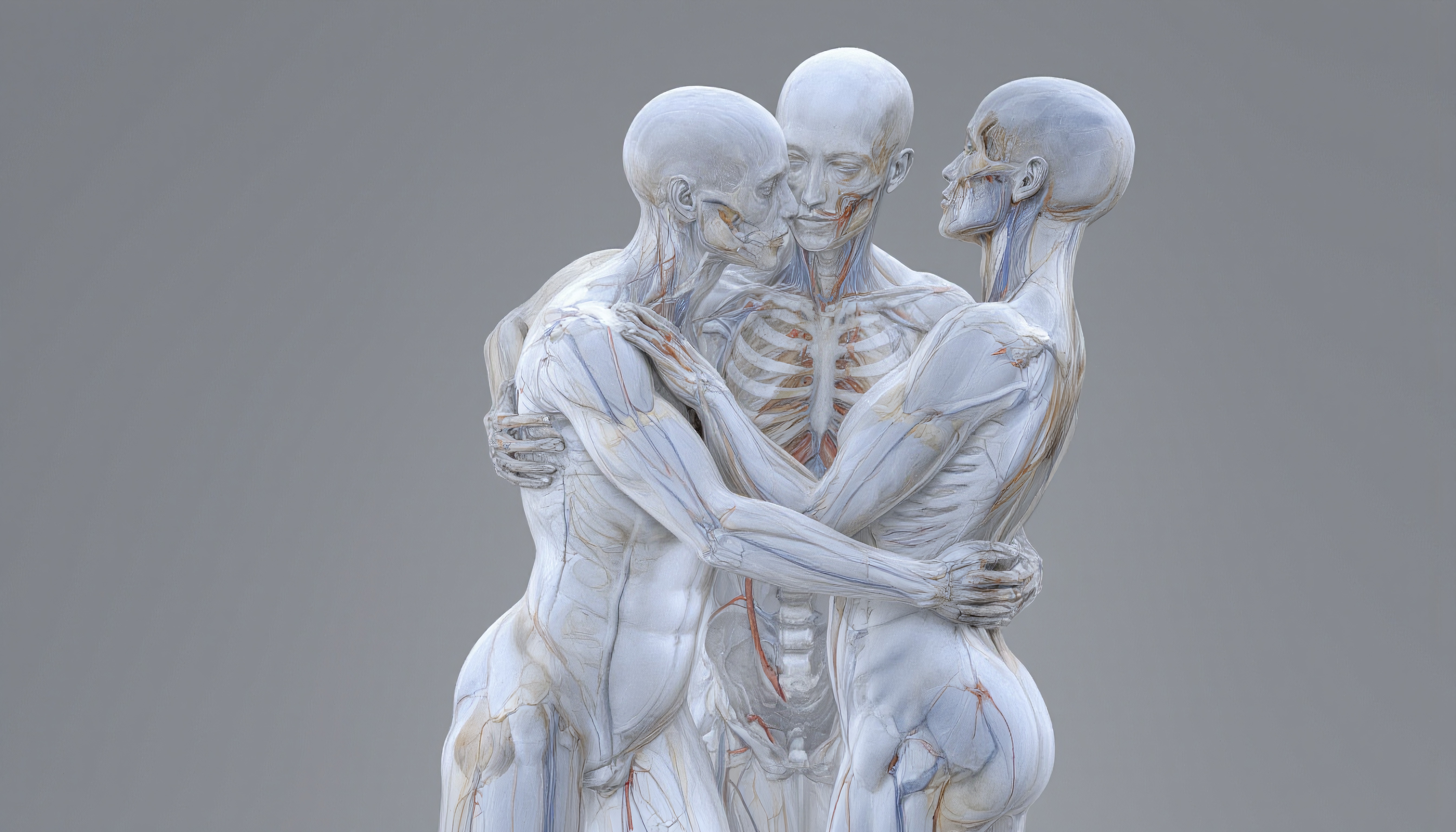 Three human anatomical figures embracing, showcasing detailed skeletal, muscular, and vascular systems against a gray background.