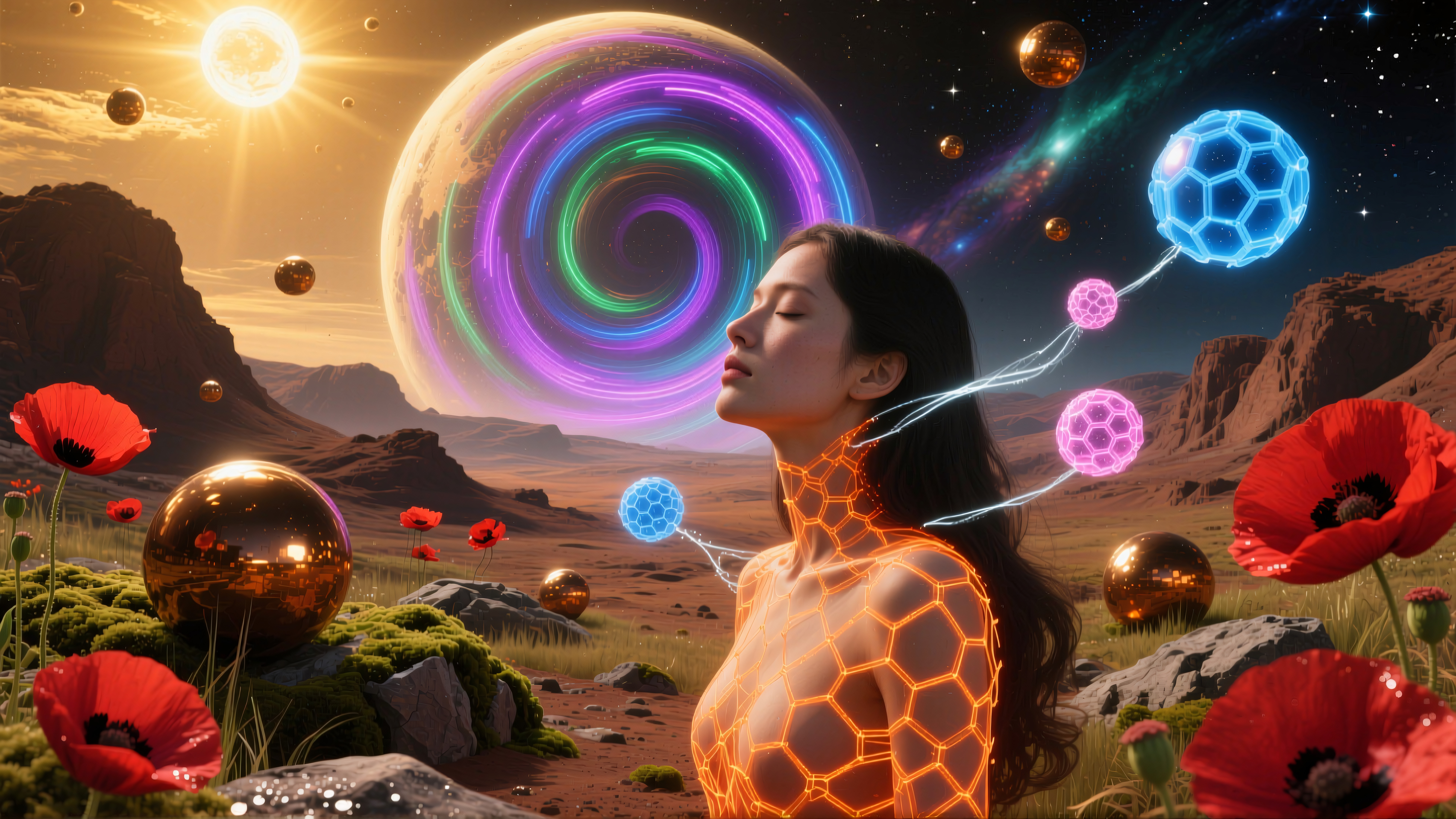 A serene woman in a vibrant, cosmic landscape with glowing elements and poppies.