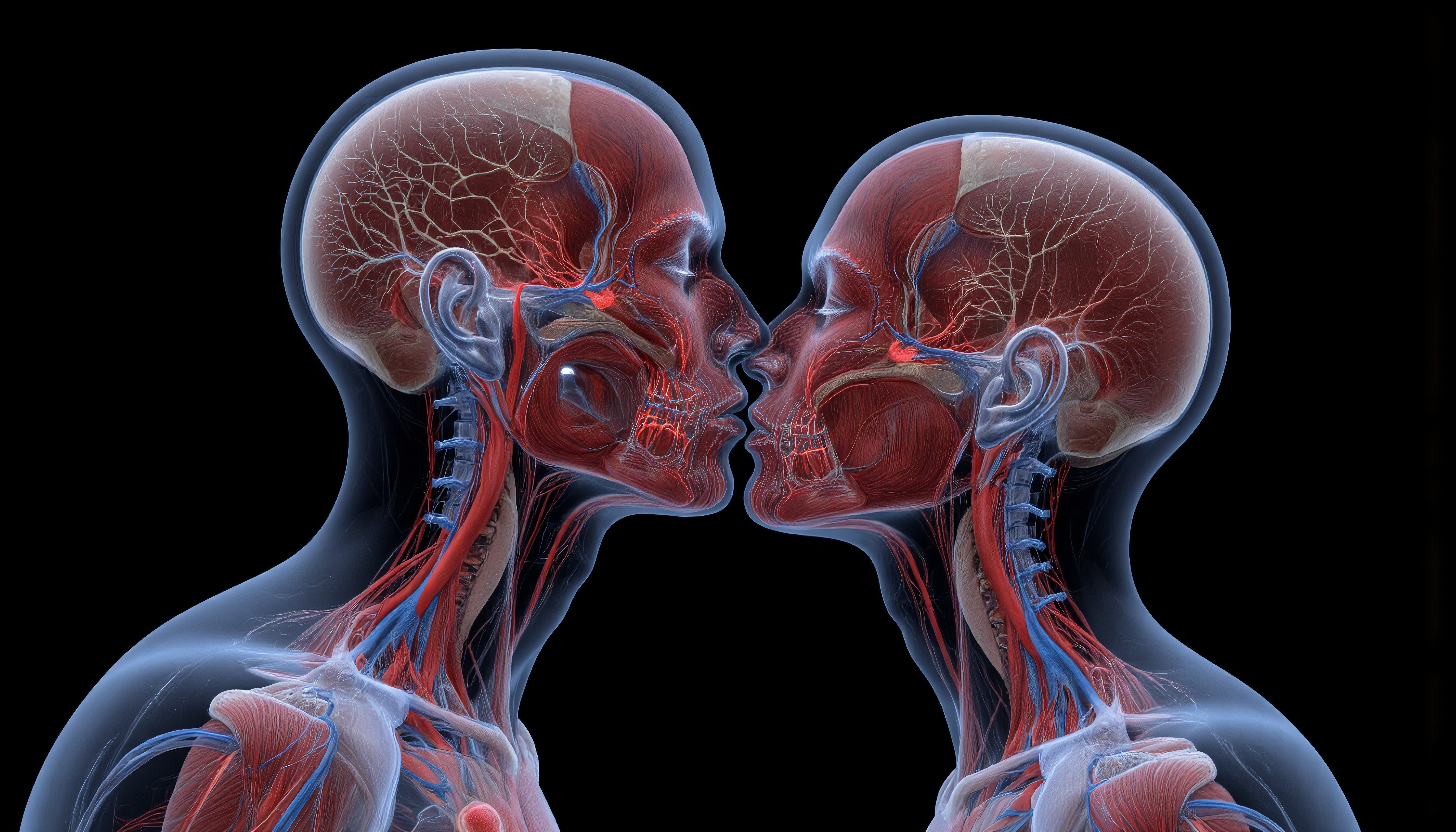 Illustration of two transparent human figures facing each other, showcasing detailed anatomy including muscles, brain, and veins.