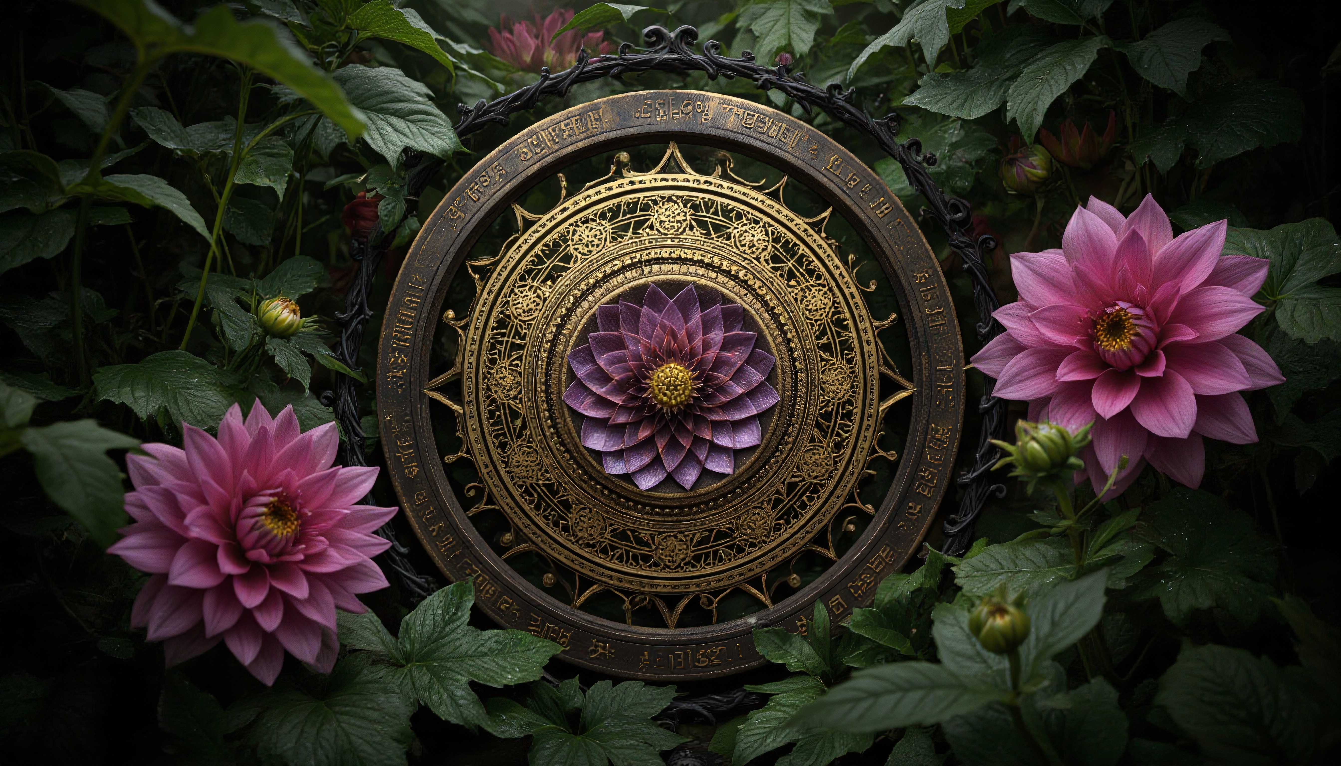 Detailed mandala design with purple flower centerpiece in lush garden.