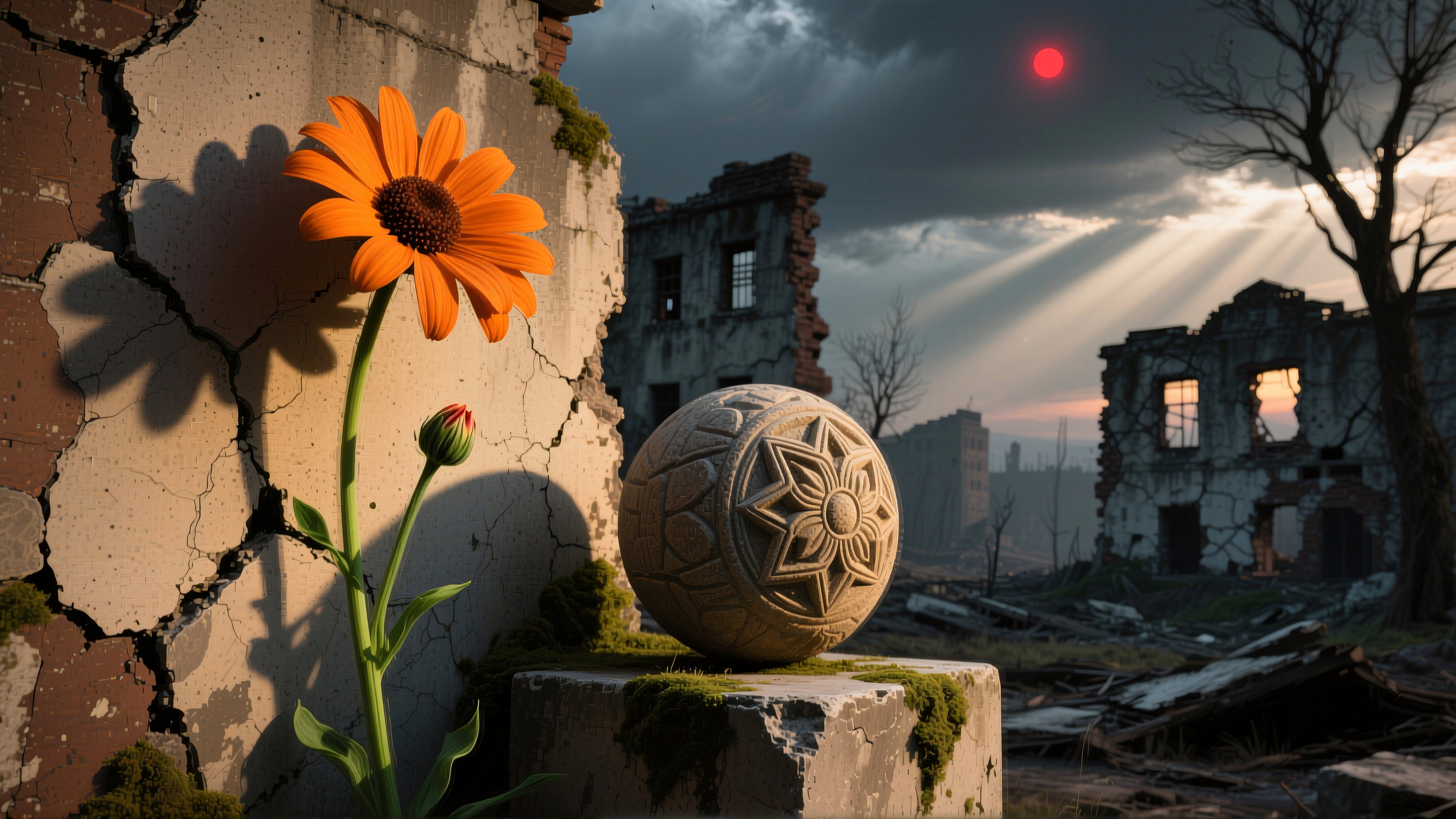 A vibrant flower thrives in a decaying urban landscape.