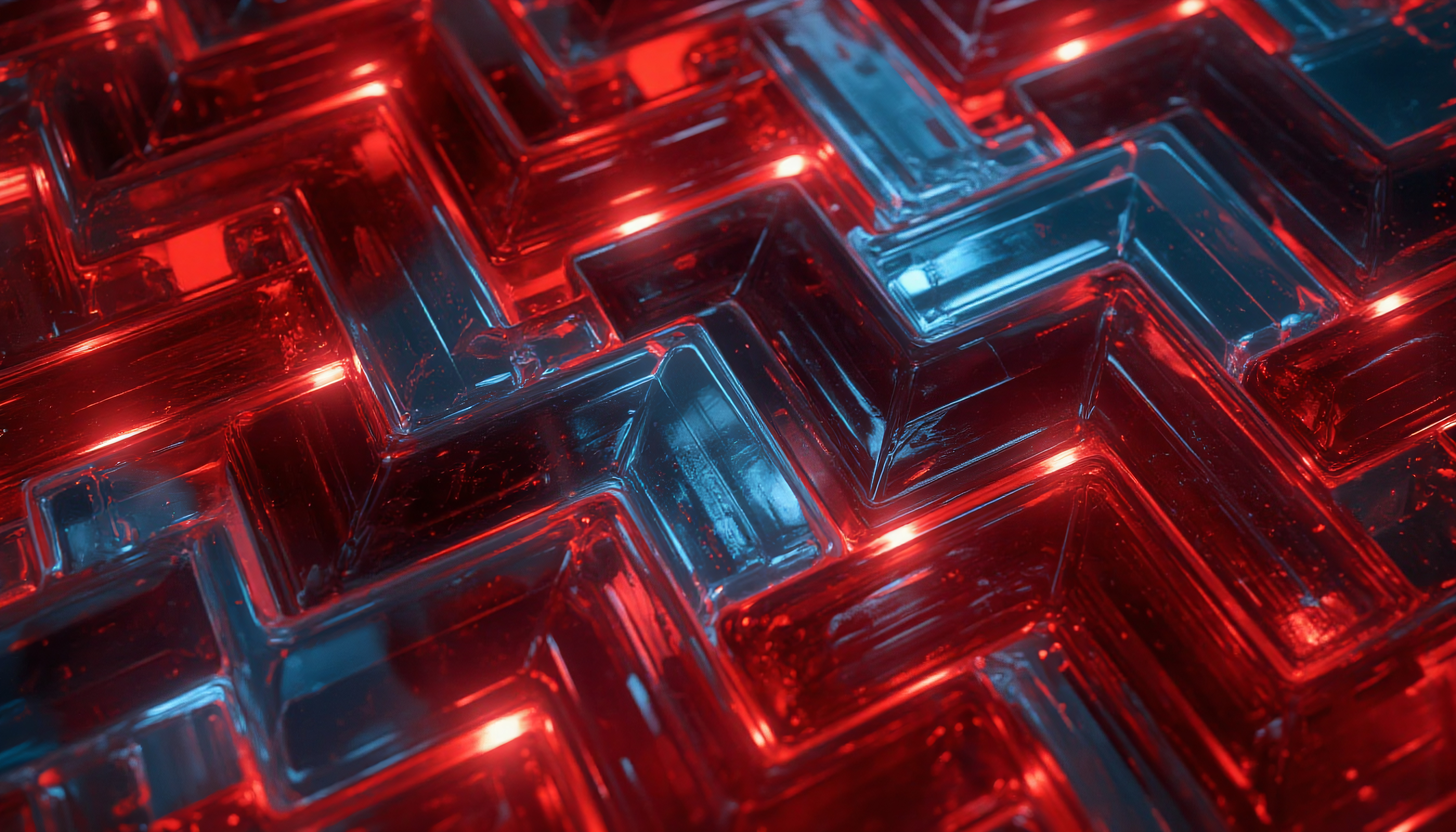 Futuristic 3D geometric pattern with red and blue neon lighting, abstract tech design, glossy reflective surface, digital art background
