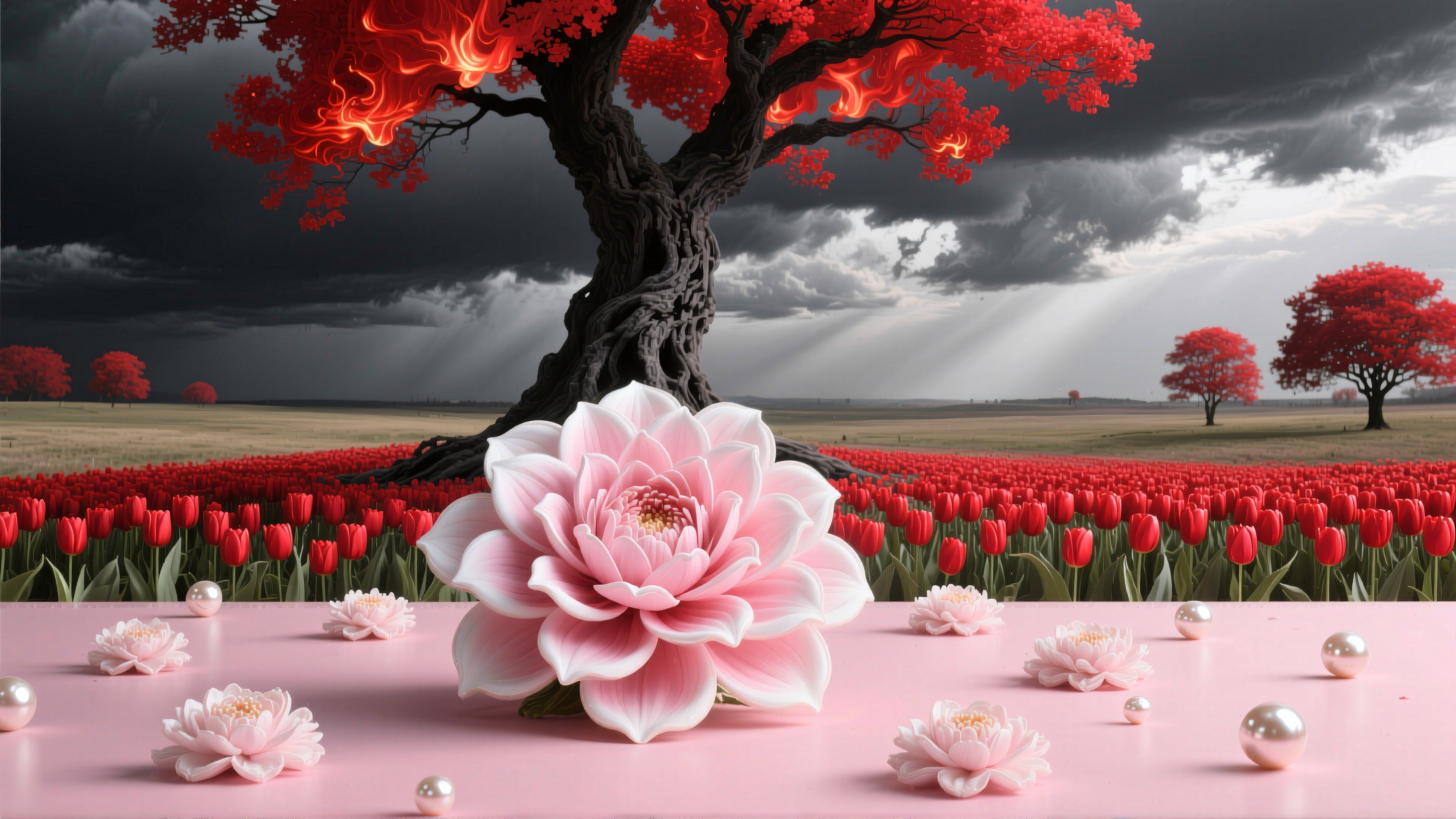 A striking scene: pink flower on pink surface, surrounded by red tulips and dramatic tree under stormy sky.