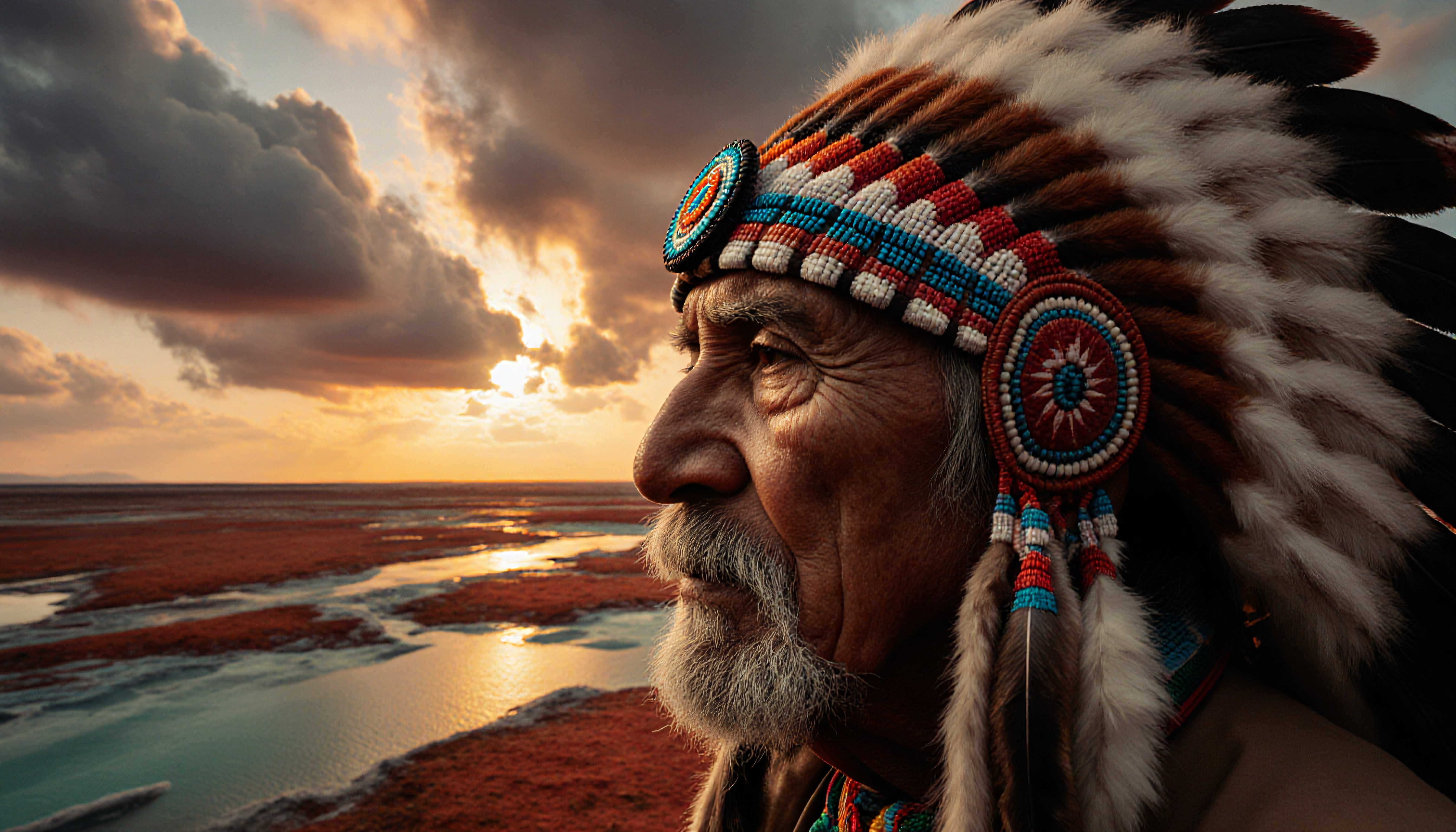 Native American elder in traditional headdress at sunset over we