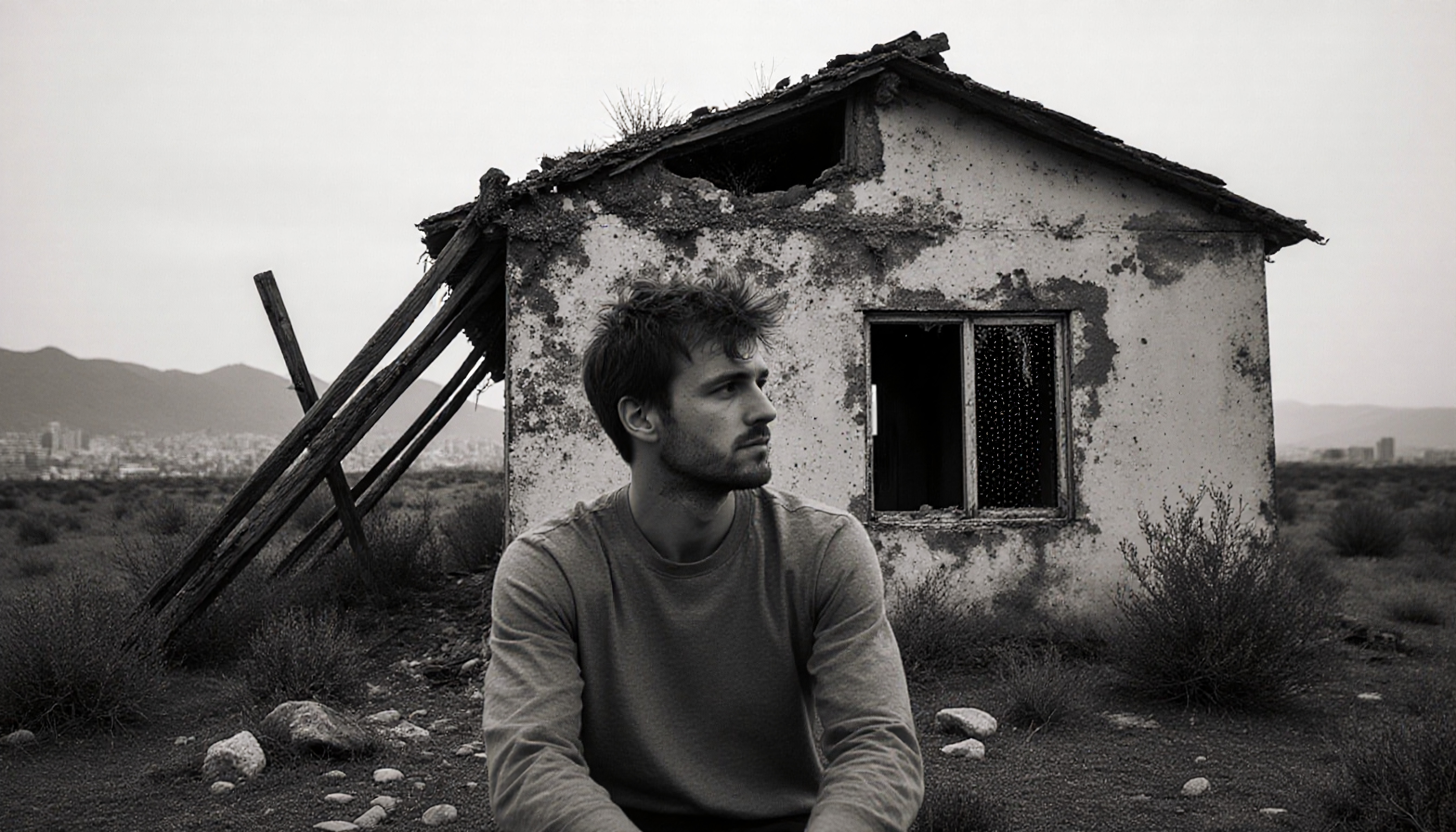 Man sits alone before ruined cabin in grayscale desert wasteland evoking loneliness and lost memories
