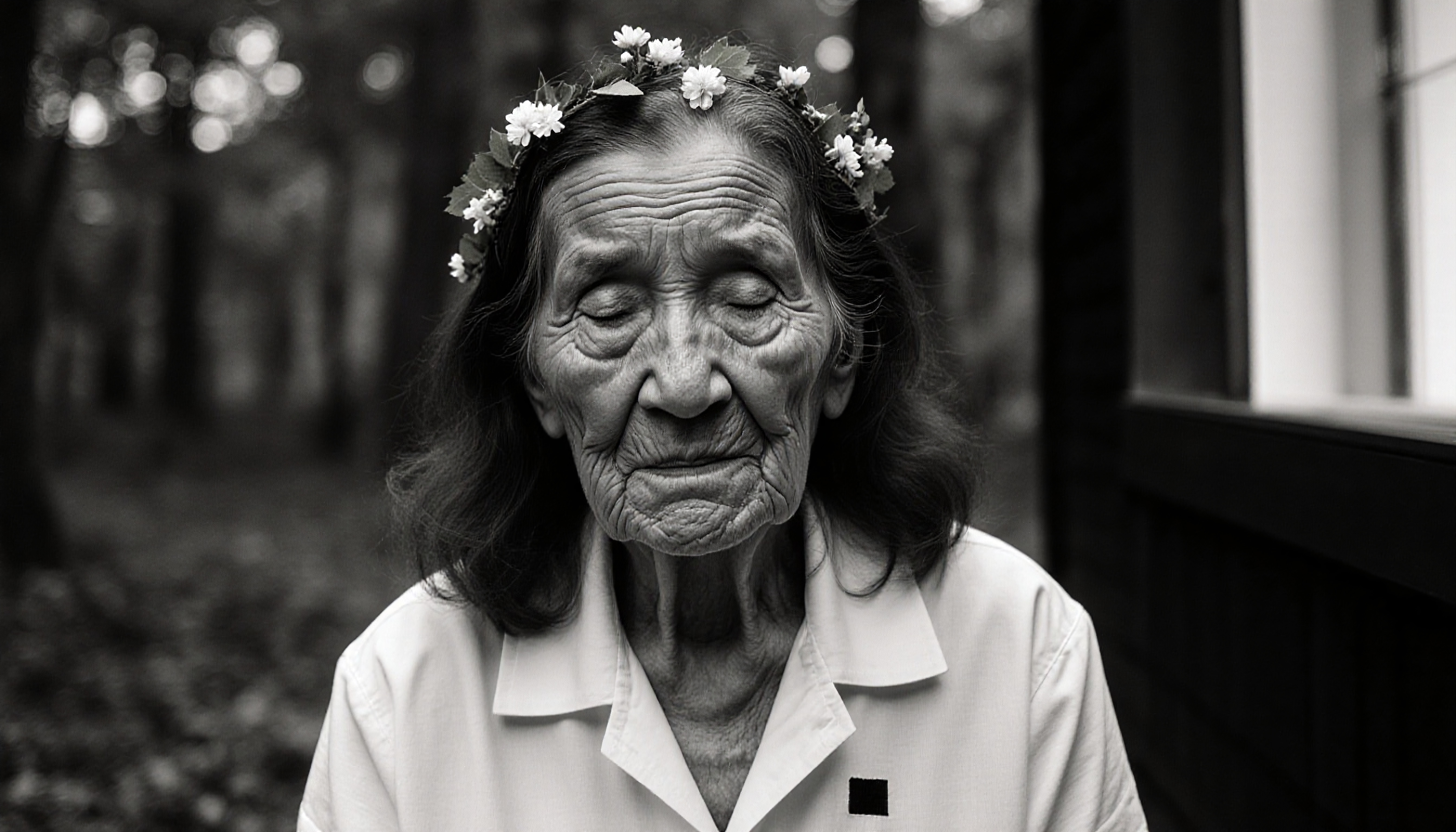 Elderly Woman with Floral Crown in Forest Setting