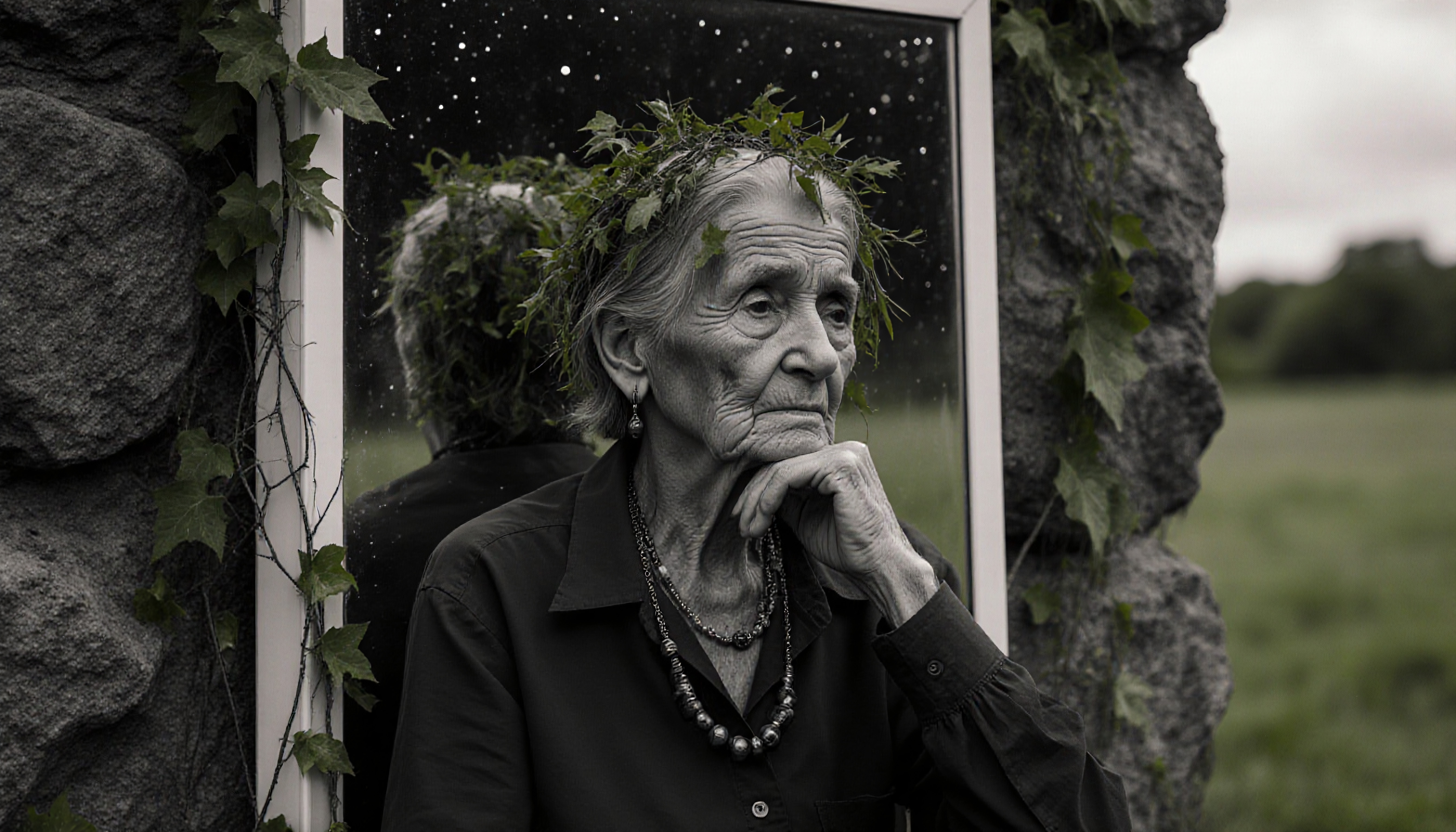 Elderly person with leaf wreath reflecting on life.