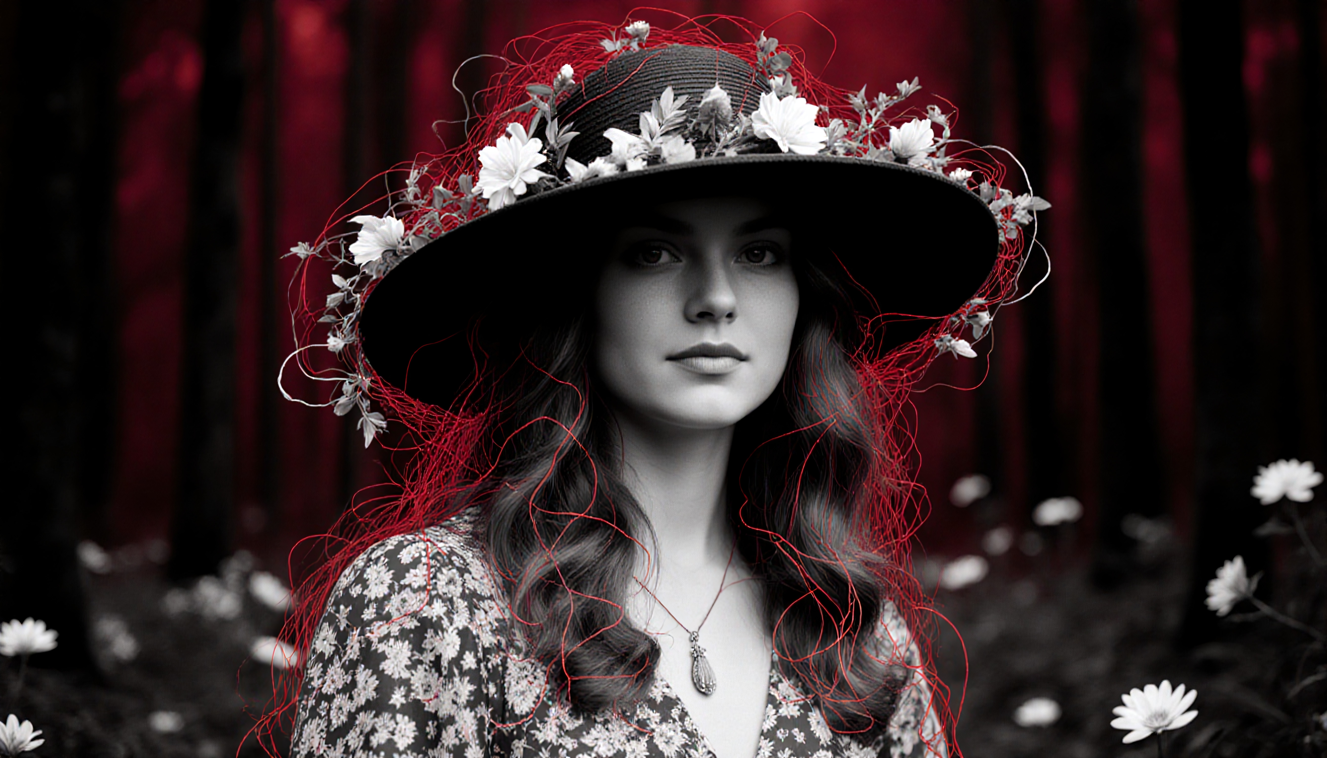 A woman in a floral-patterned hat stands in a whimsical red-tinged forest portrait.