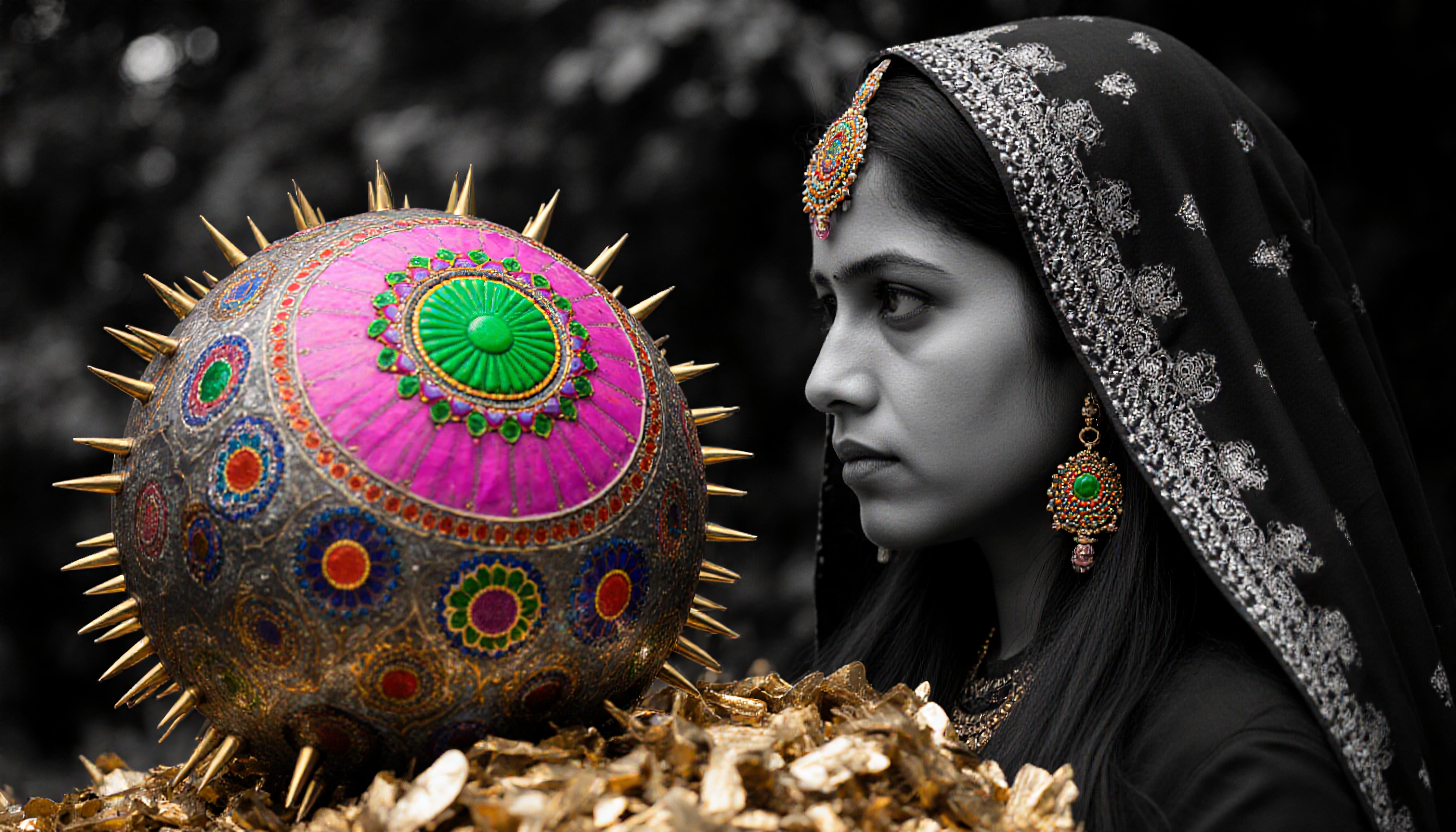 A woman in traditional attire observes an ornate, spiked orb with vivid colors and intricate patterns.