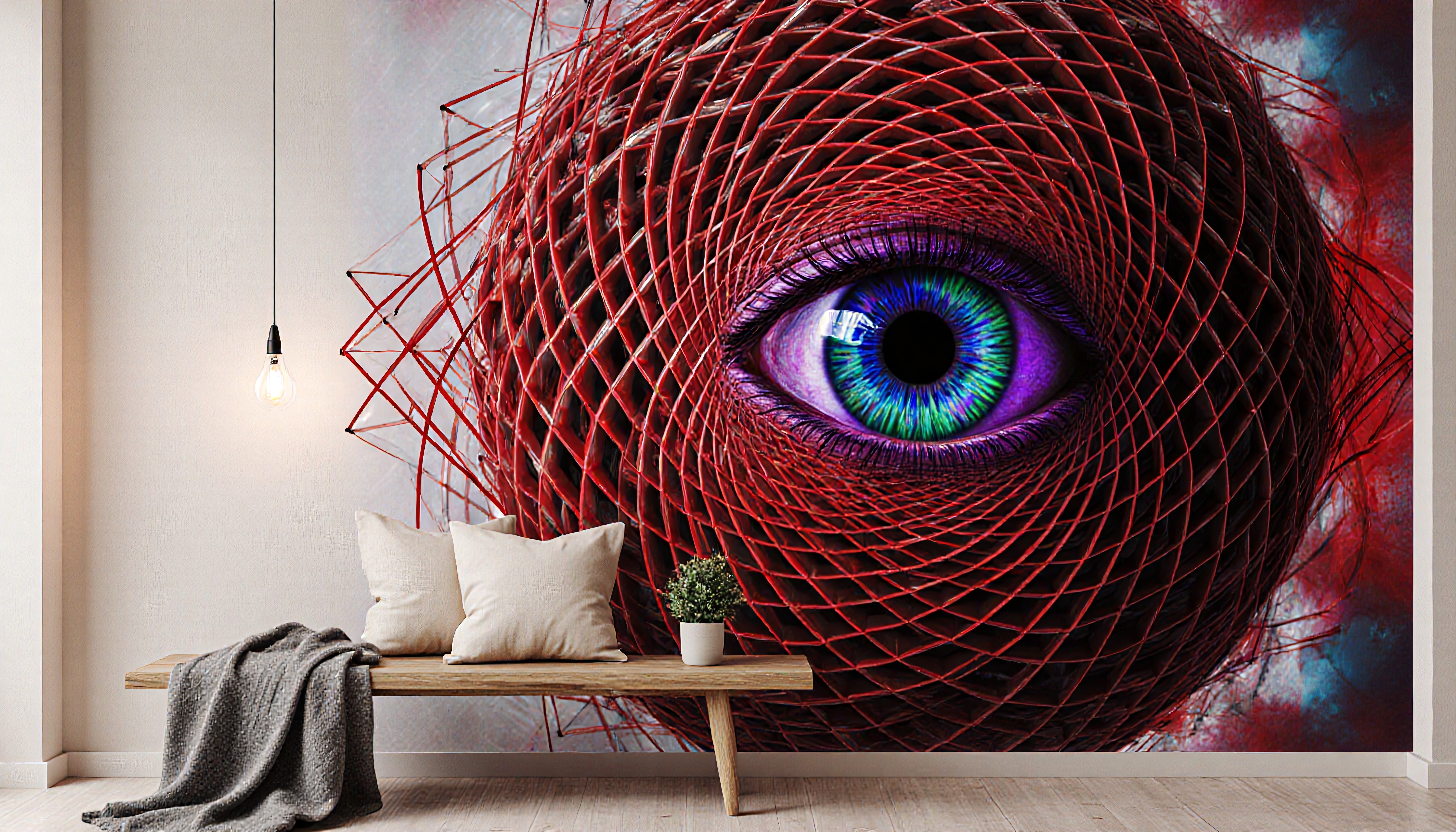 A vibrant room features an eye mural enveloped in red geometric design, complemented by minimalist decor and warm lighting.