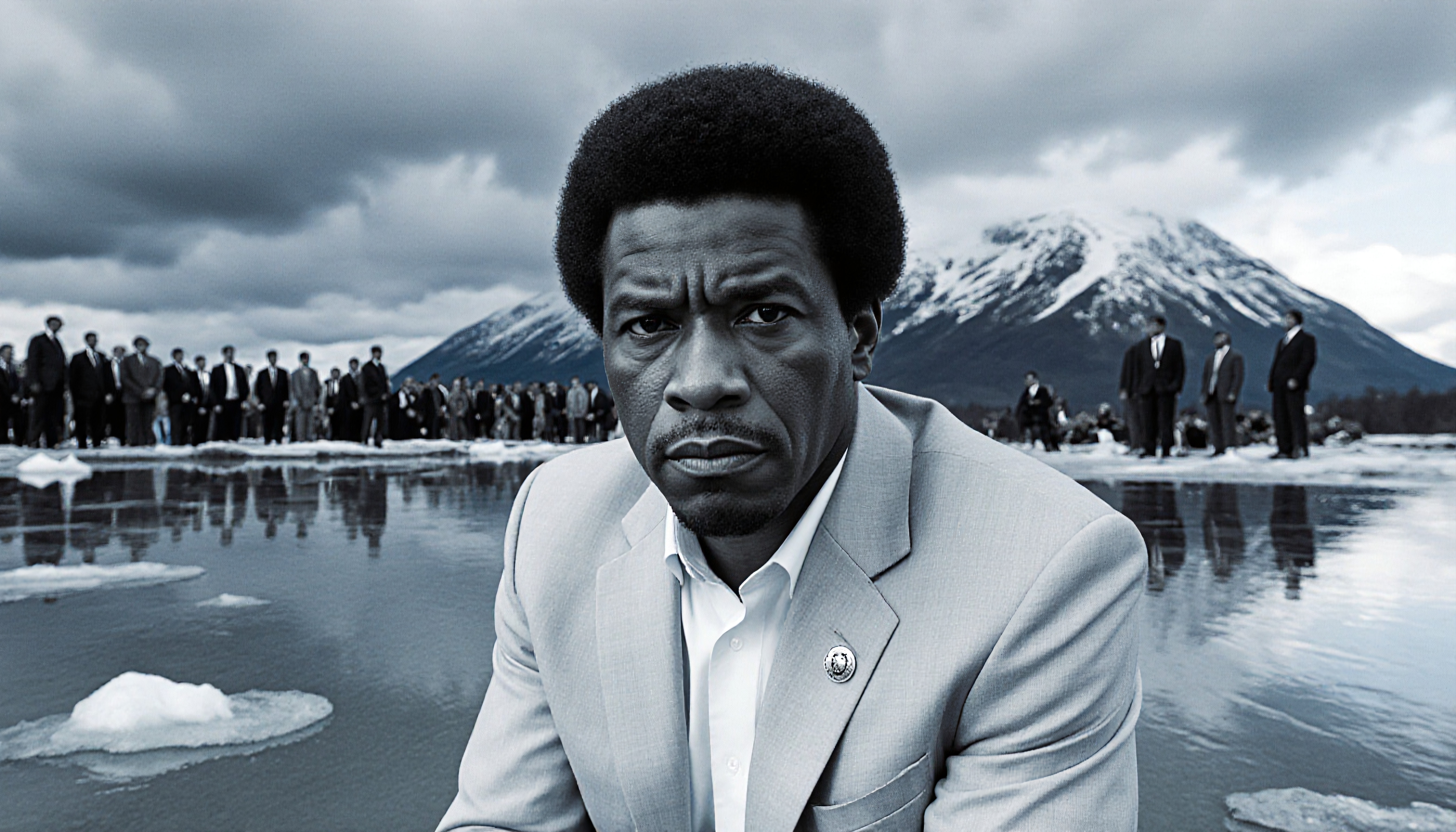 Man in suit with snowy mountain backdrop and reflection.