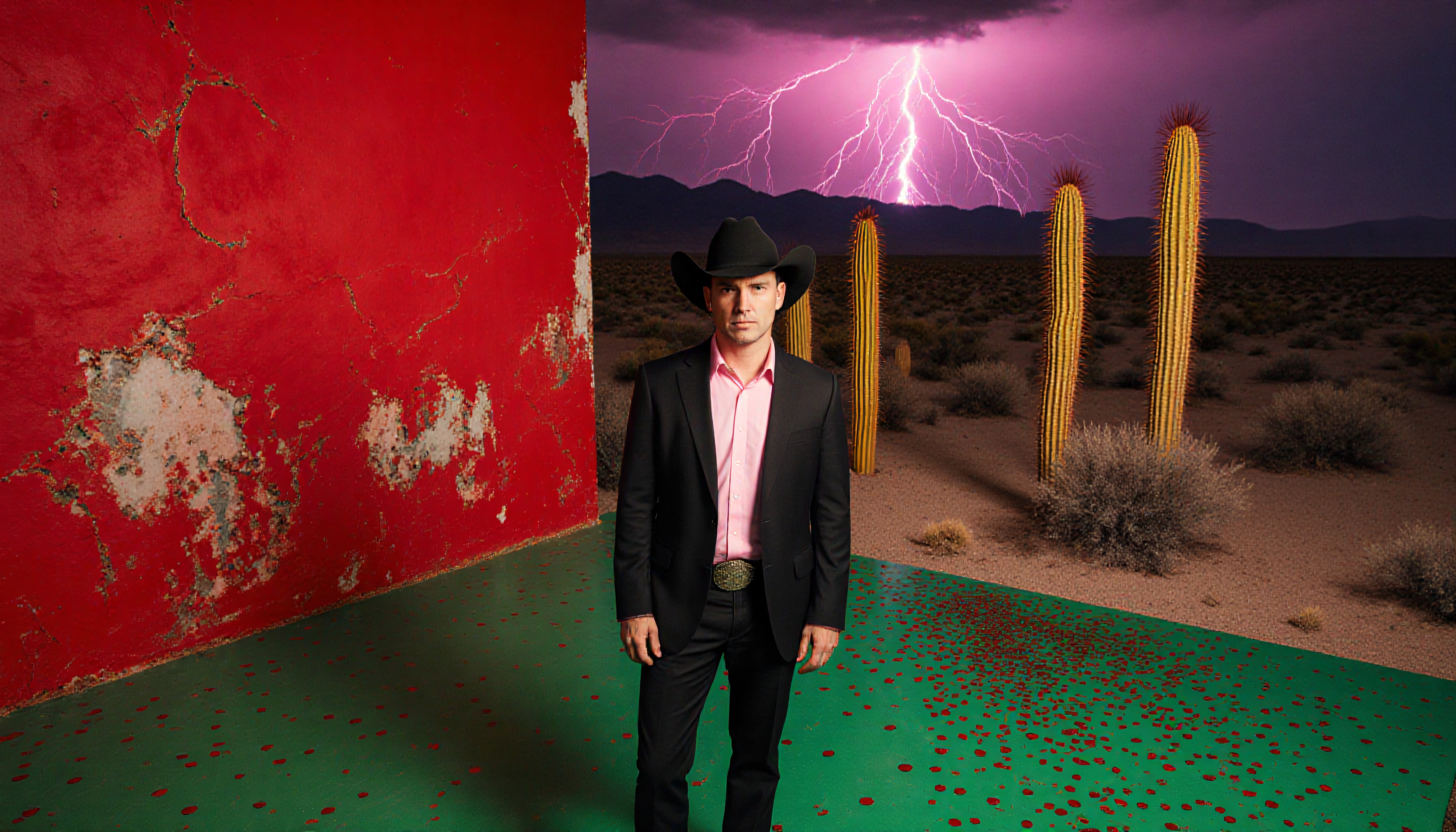 A cowboy in a suit stands before a red wall and desert backdrop illuminated by dramatic lightning.
