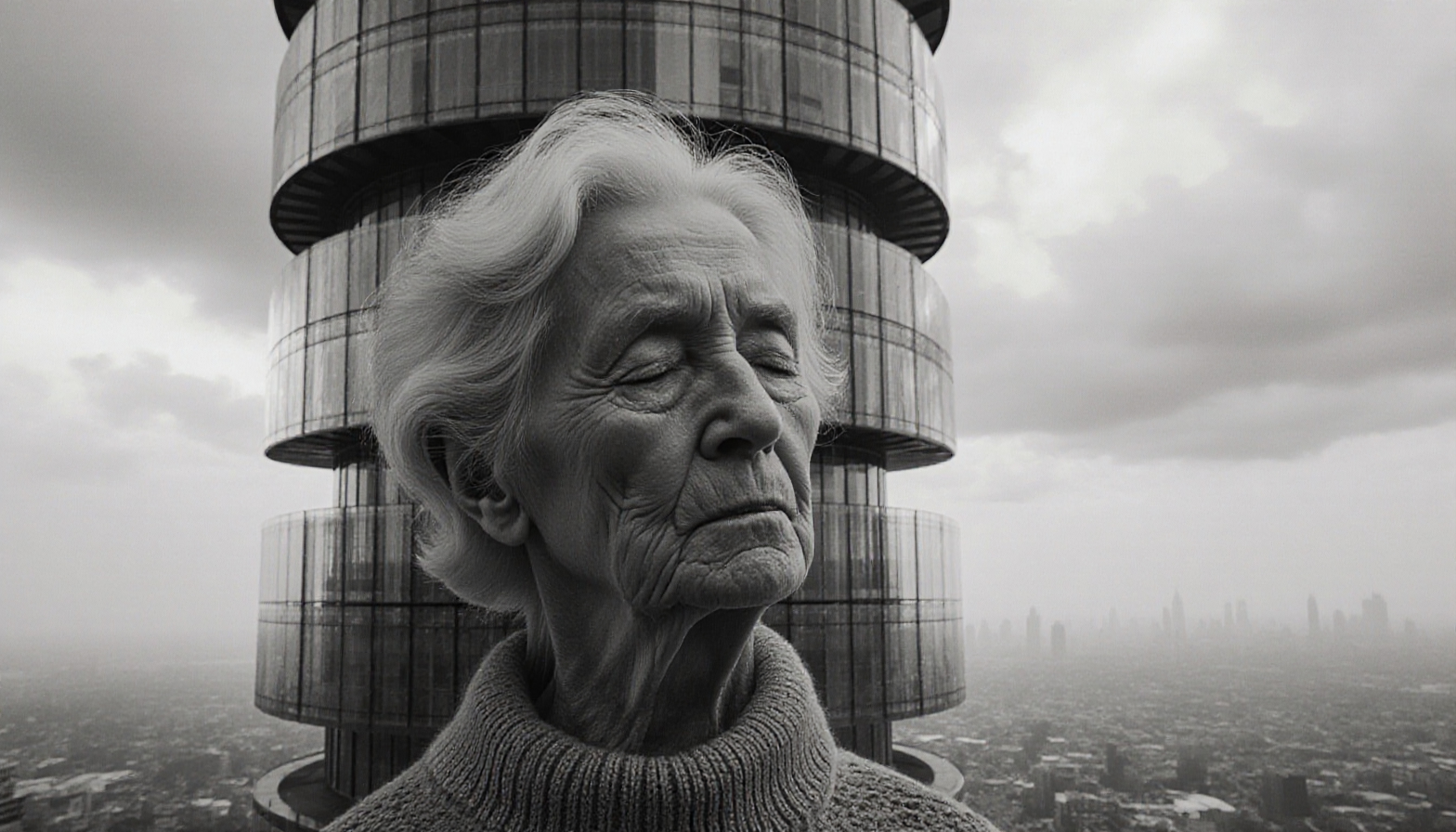 Elderly woman in front of modern spiral building with cityscape background, calm and introspective expression.