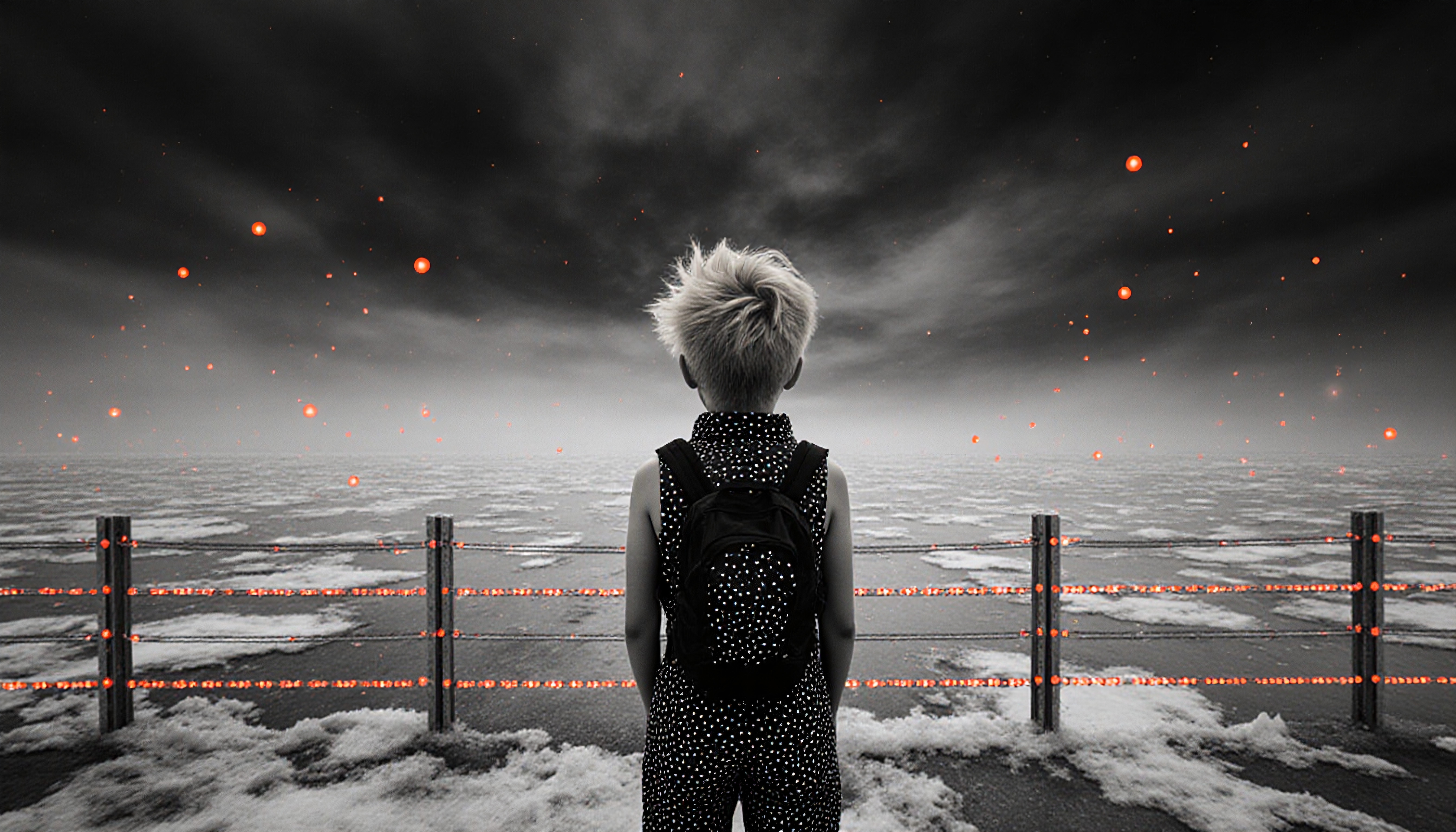 A child with a backpack looks out into a surreal, icy landscape with floating orange lights.