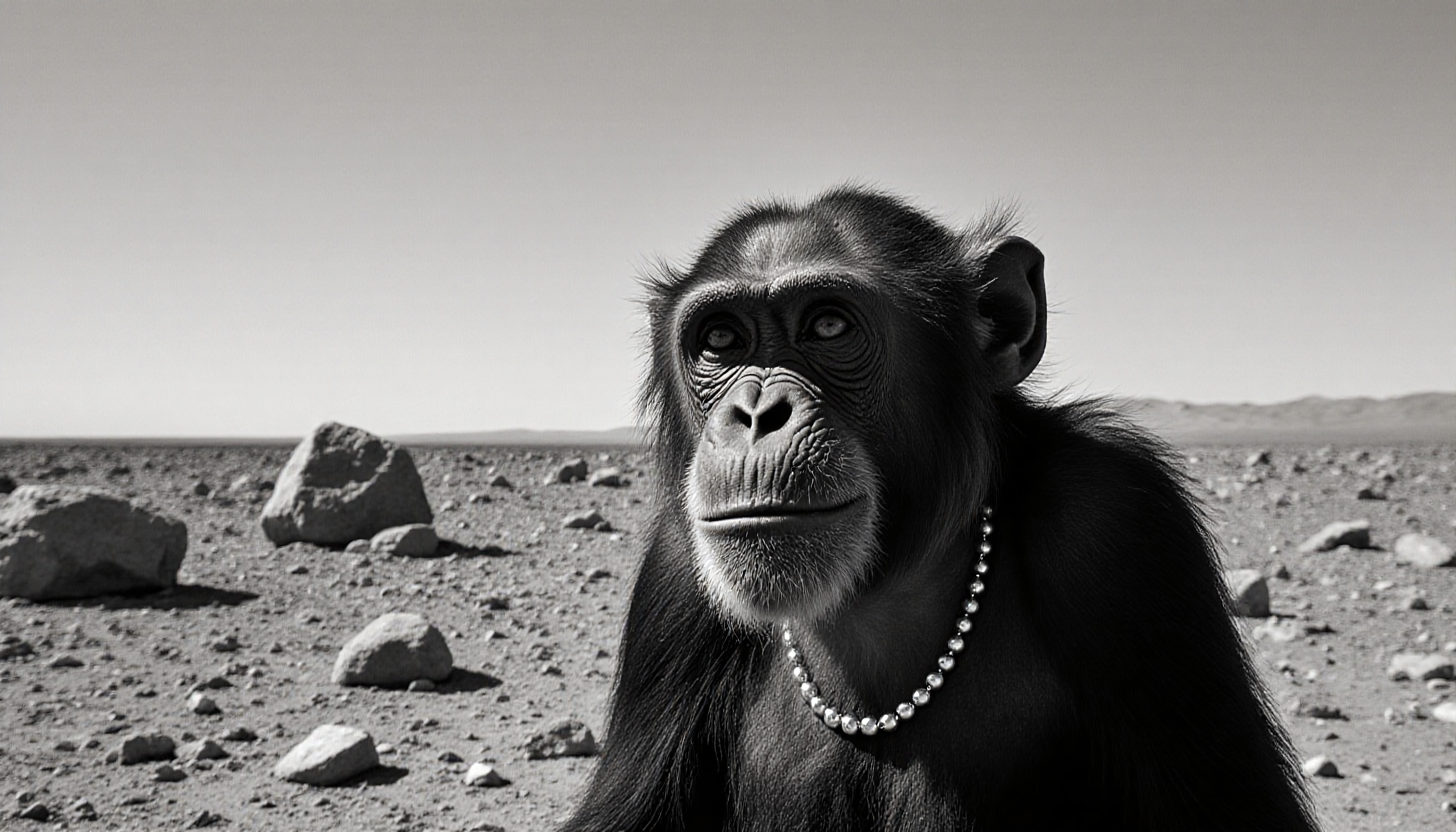 Chimpanzee wearing pearl necklace in desert landscape, black and white photo