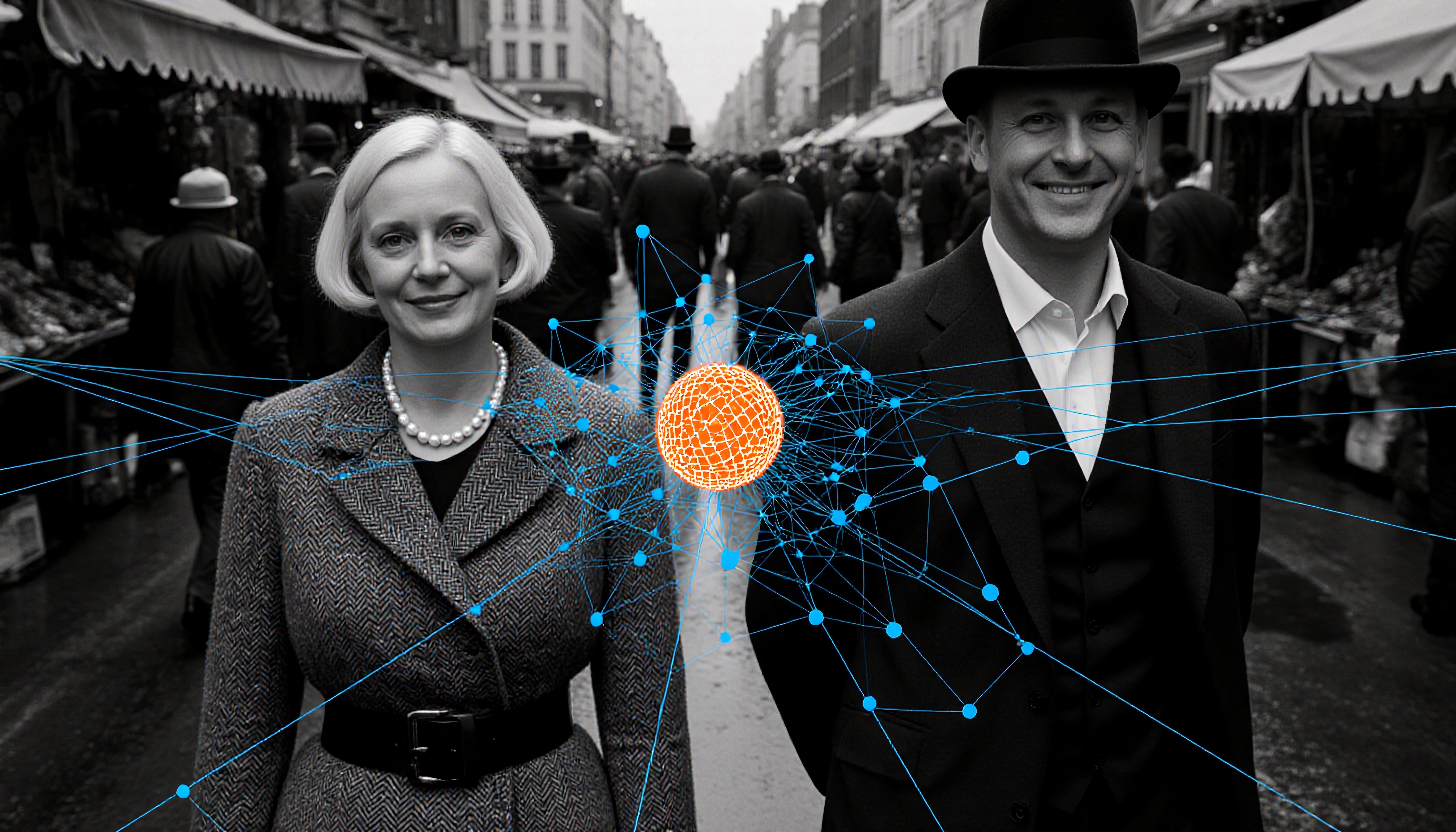 Retro couple at vintage market with digital network overlay.