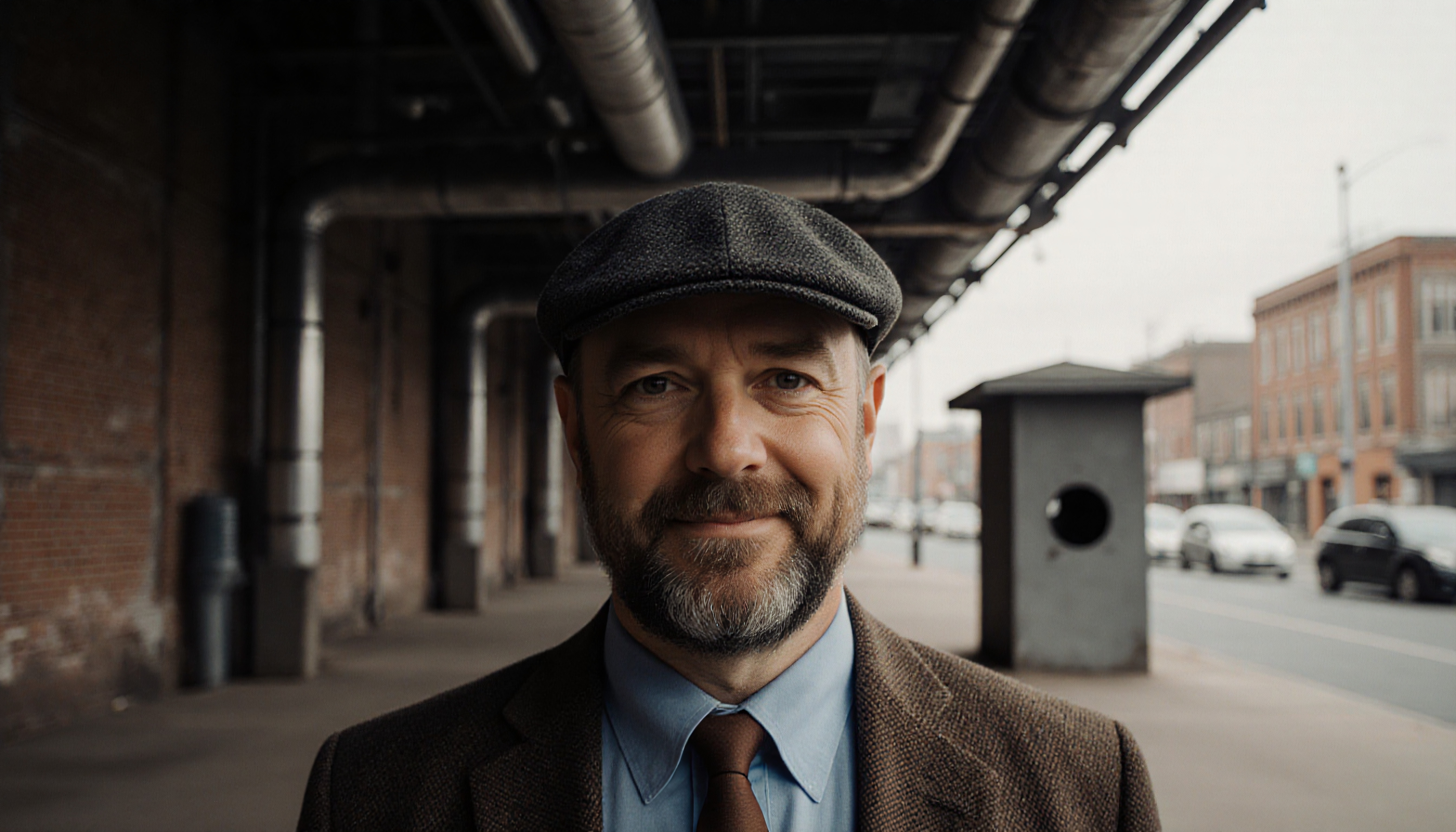 A smiling man in vintage attire stands under an urban overpass with pipes and a city street in the background.