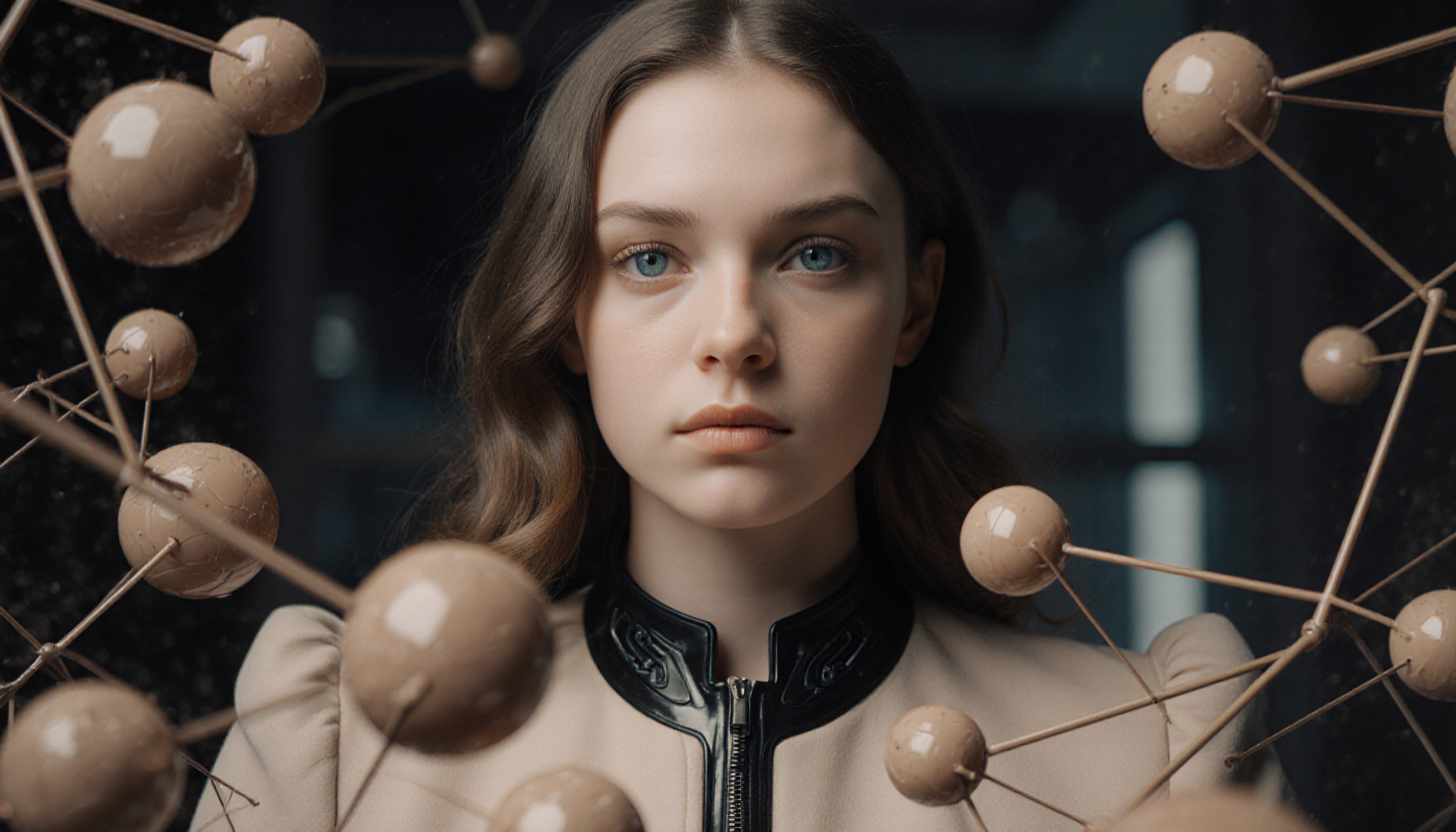 Young woman with molecular structure backdrop.