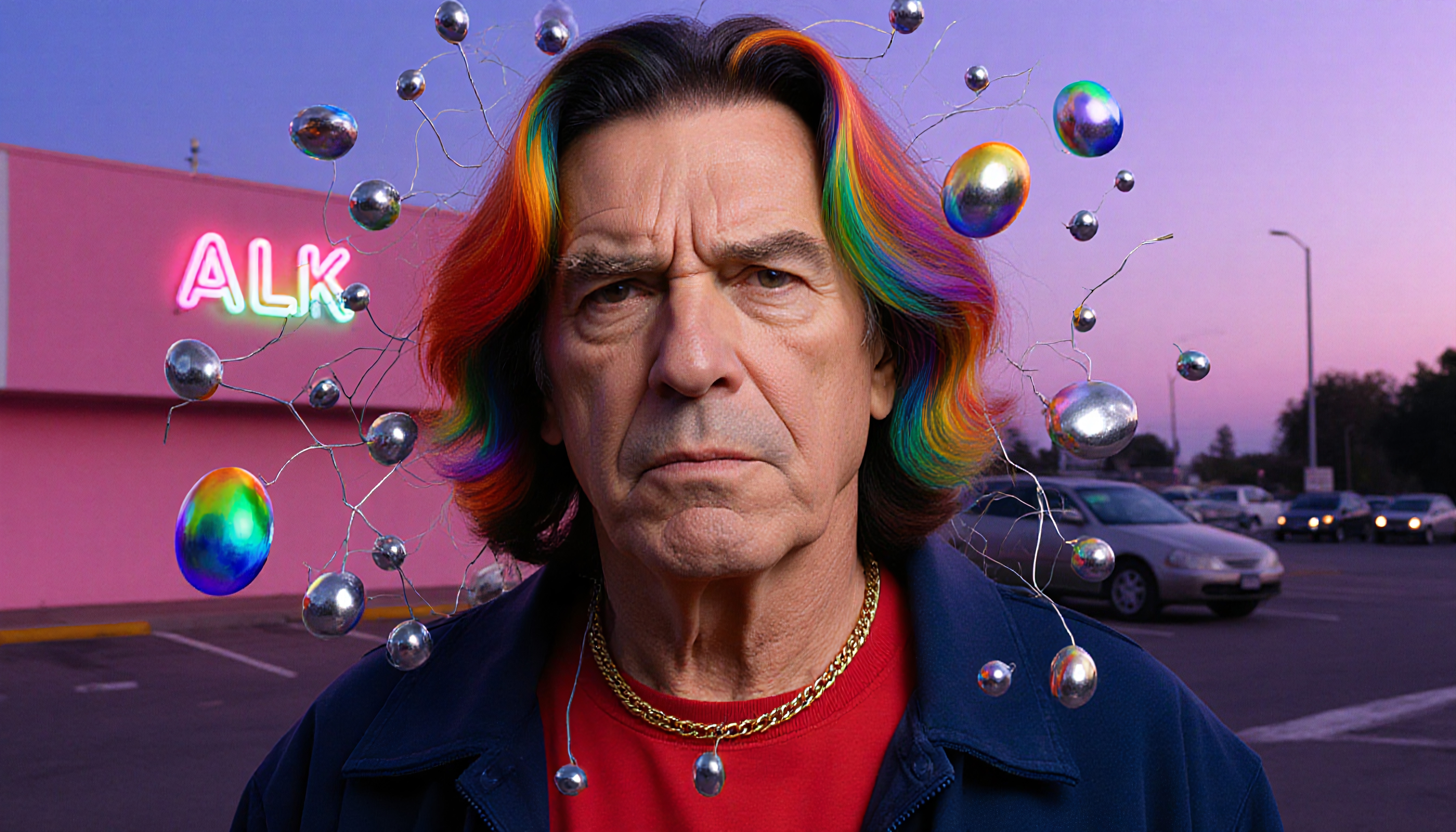 A man with rainbow hair and metallic spheres stands against a twilight urban backdrop with a neon sign.
