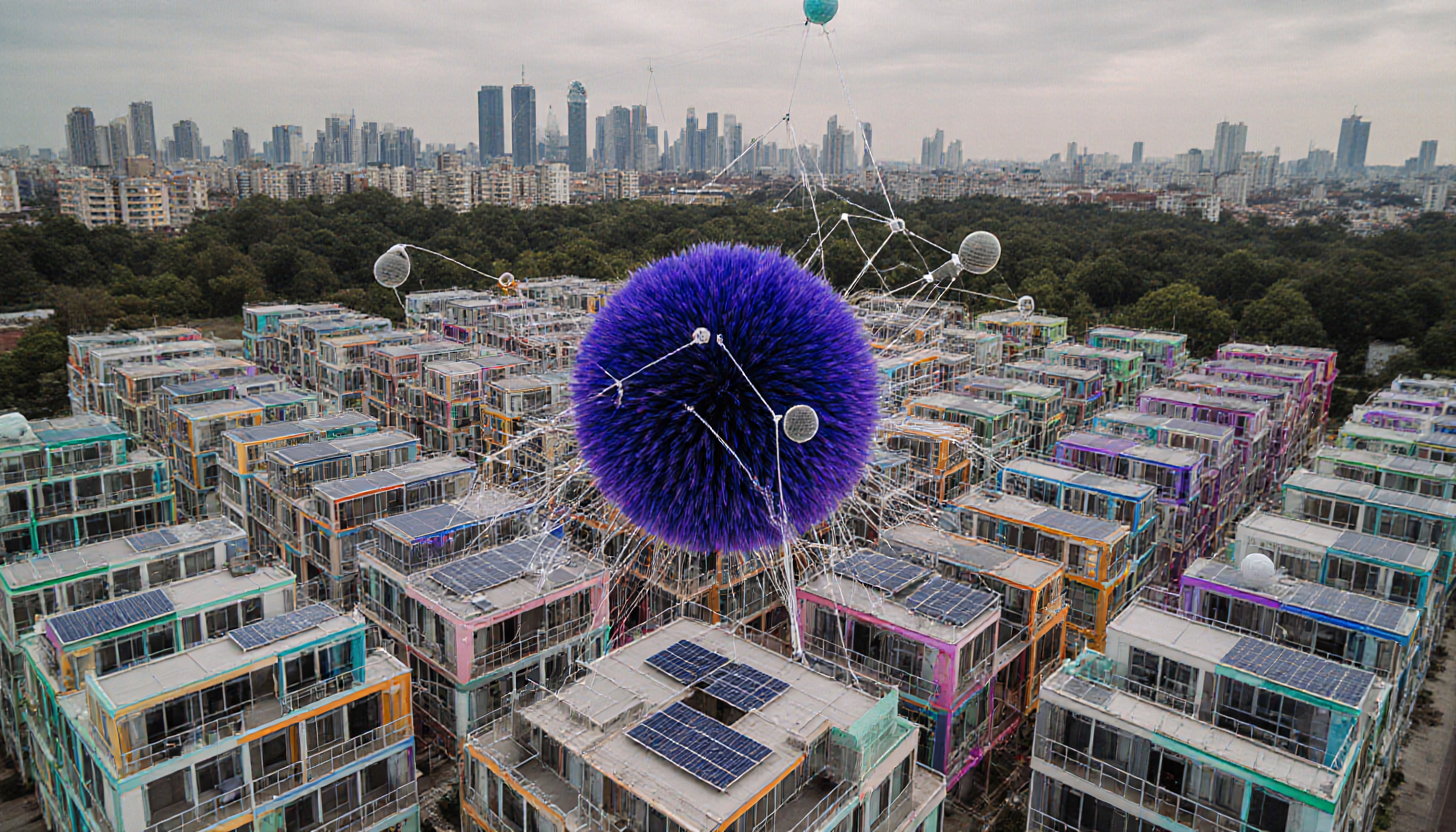 A purple sphere hovers above solar-paneled modular buildings in a futuristic cityscape.